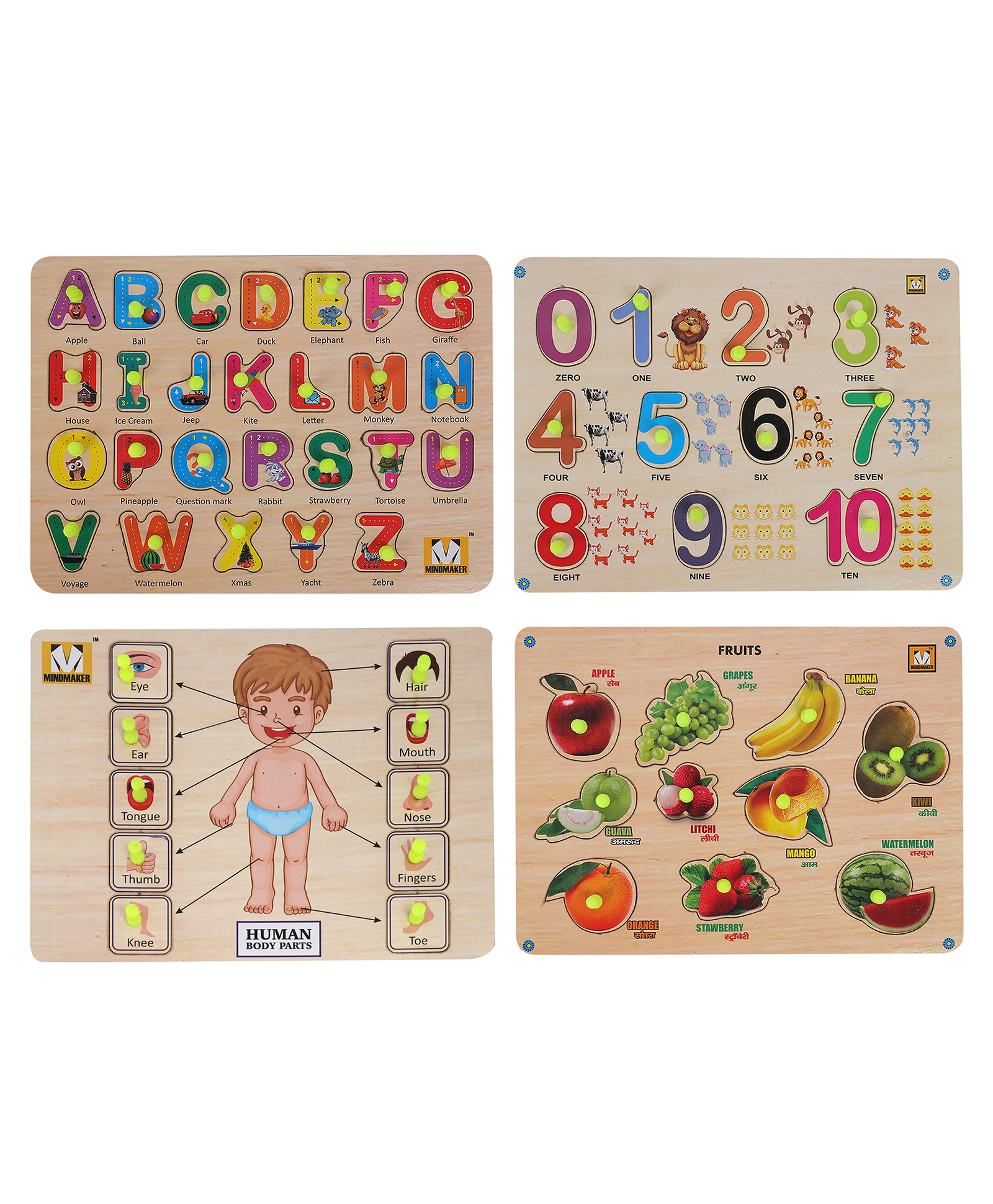 MINDMAKER - Wooden Puzzle with Knobs Educational and Learning Toy for Kids (Alphabets+Numbers+Body Parts+Fruits)-picture-32