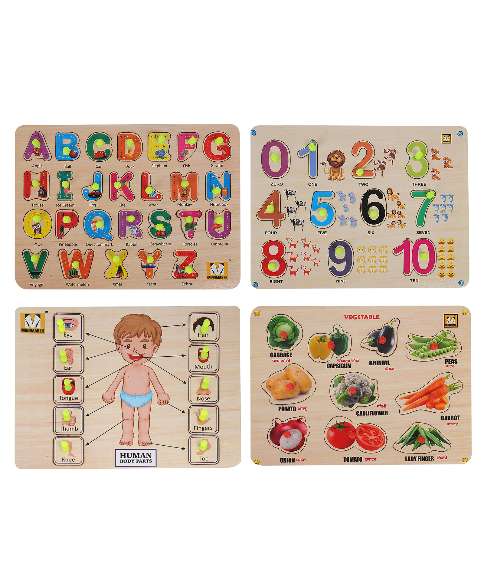 MINDMAKER - Wooden Puzzle with Knobs Educational and Learning Toy for Kids (Alphabets+Numbers+Body Parts+Vegetables)-picture-36