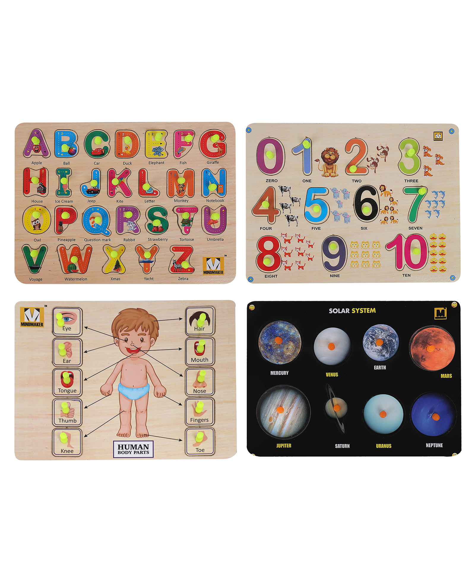 MINDMAKER - Wooden Puzzle with Knobs Educational and Learning Toy for Kids (Alphabets+Numbers+Body Parts+Solar System)-picture-34