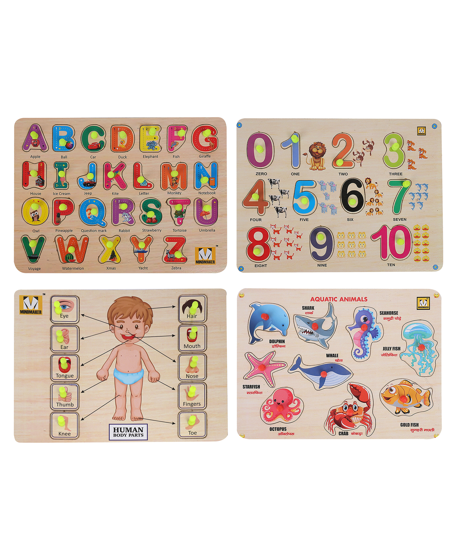 MINDMAKER - Wooden Puzzle with Knobs Educational and Learning Toy for Kids (Alphabets+Numbers+Body Parts+Aquatic Animals)-picture-33