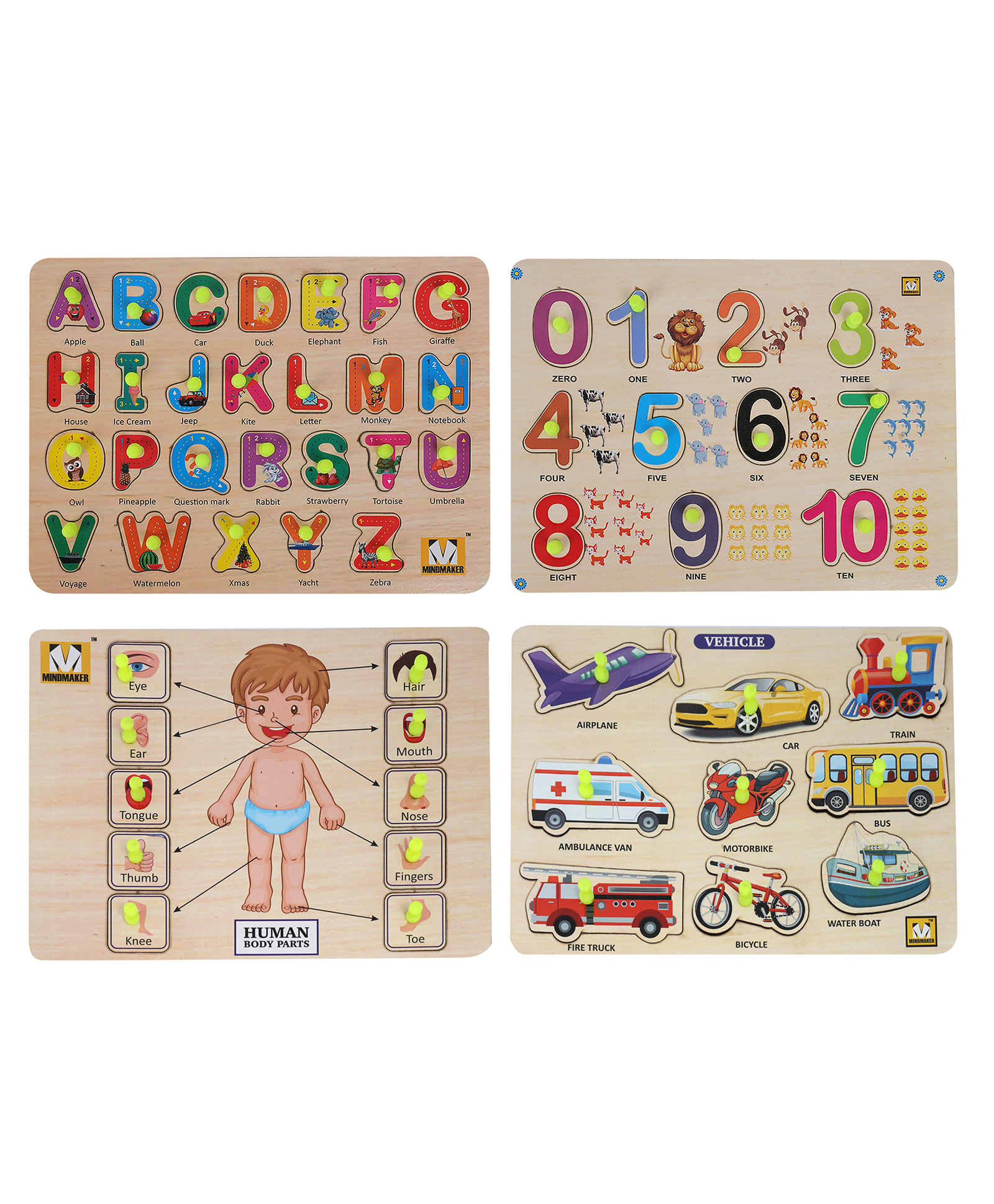 MINDMAKER Wooden Puzzle with Knobs Educational and Learning Toy for Kids (Alphabets+Numbers+Body Parts+Transport) - 53 Pieces-picture-26