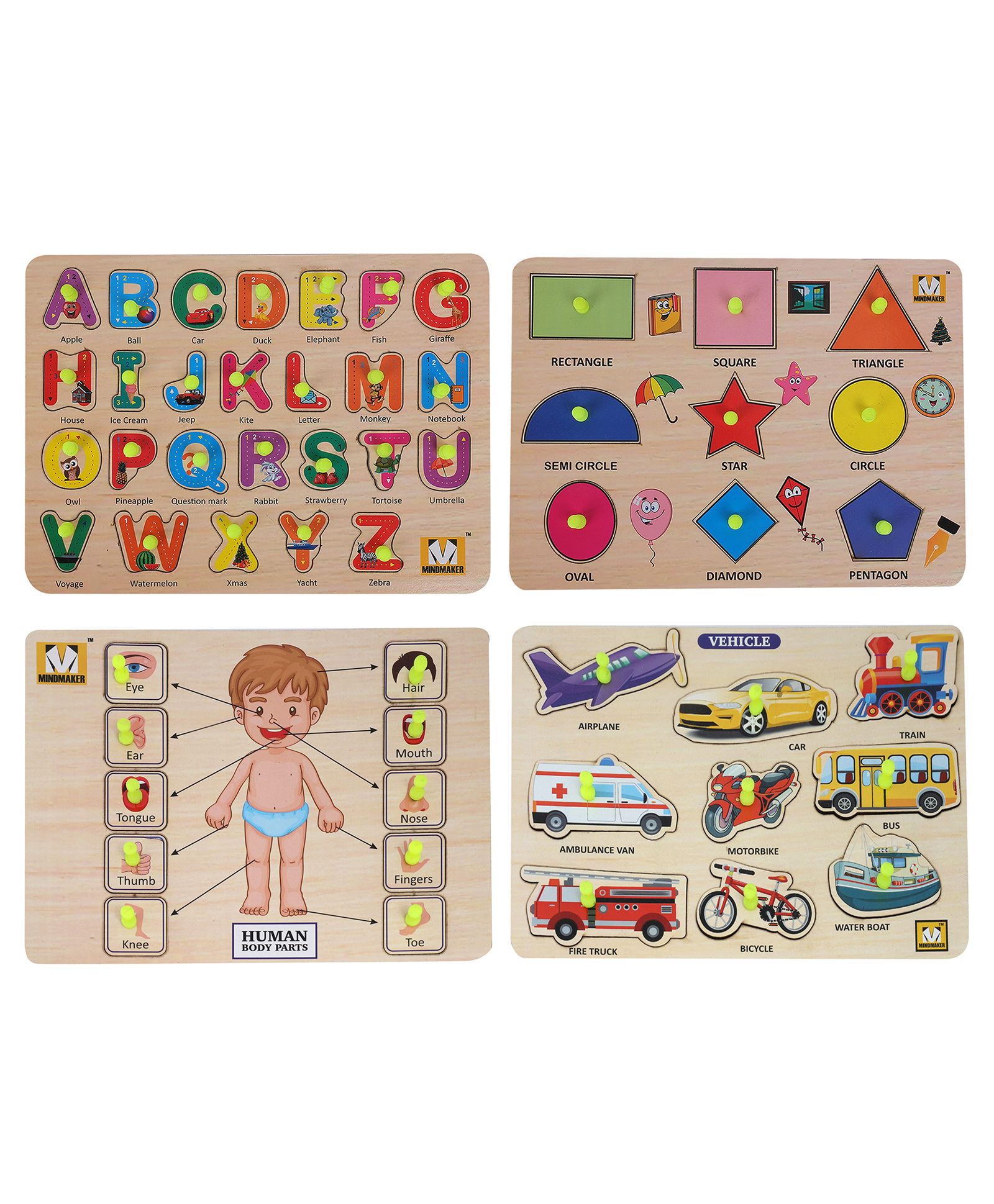 MINDMAKER Wooden Puzzle with Knobs Educational and Learning Toy for Kids (Alphabets+Shapes+Body Parts+Transport)-picture-31