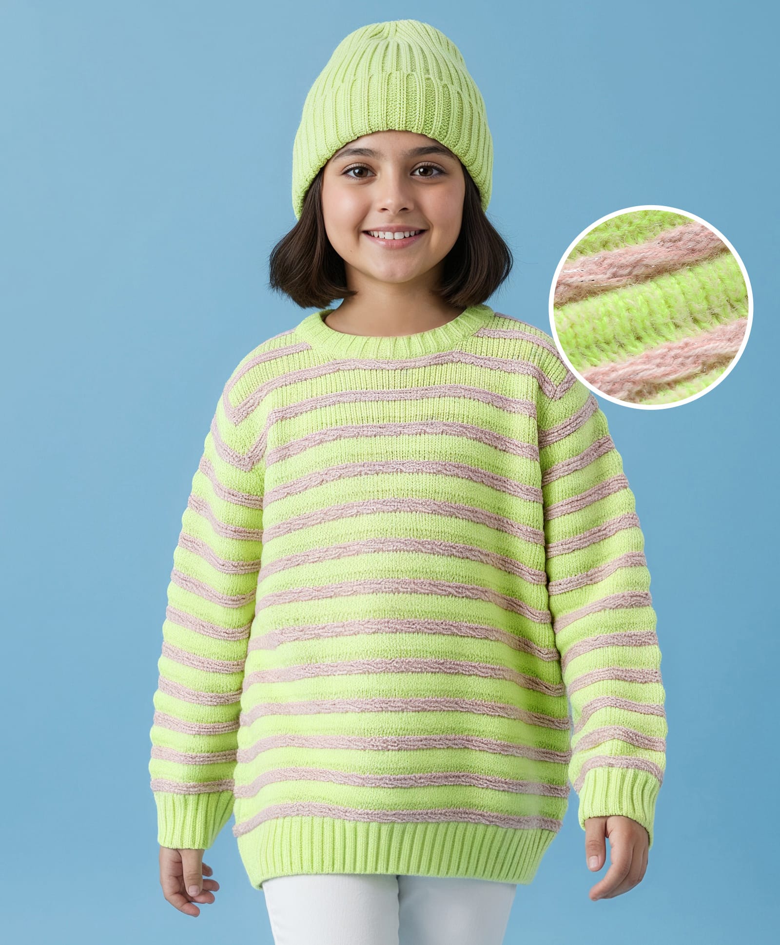 Pine Kids Knitted Full Sleeves Pullover Sweater with Striped Design - Neon Green-picture-20
