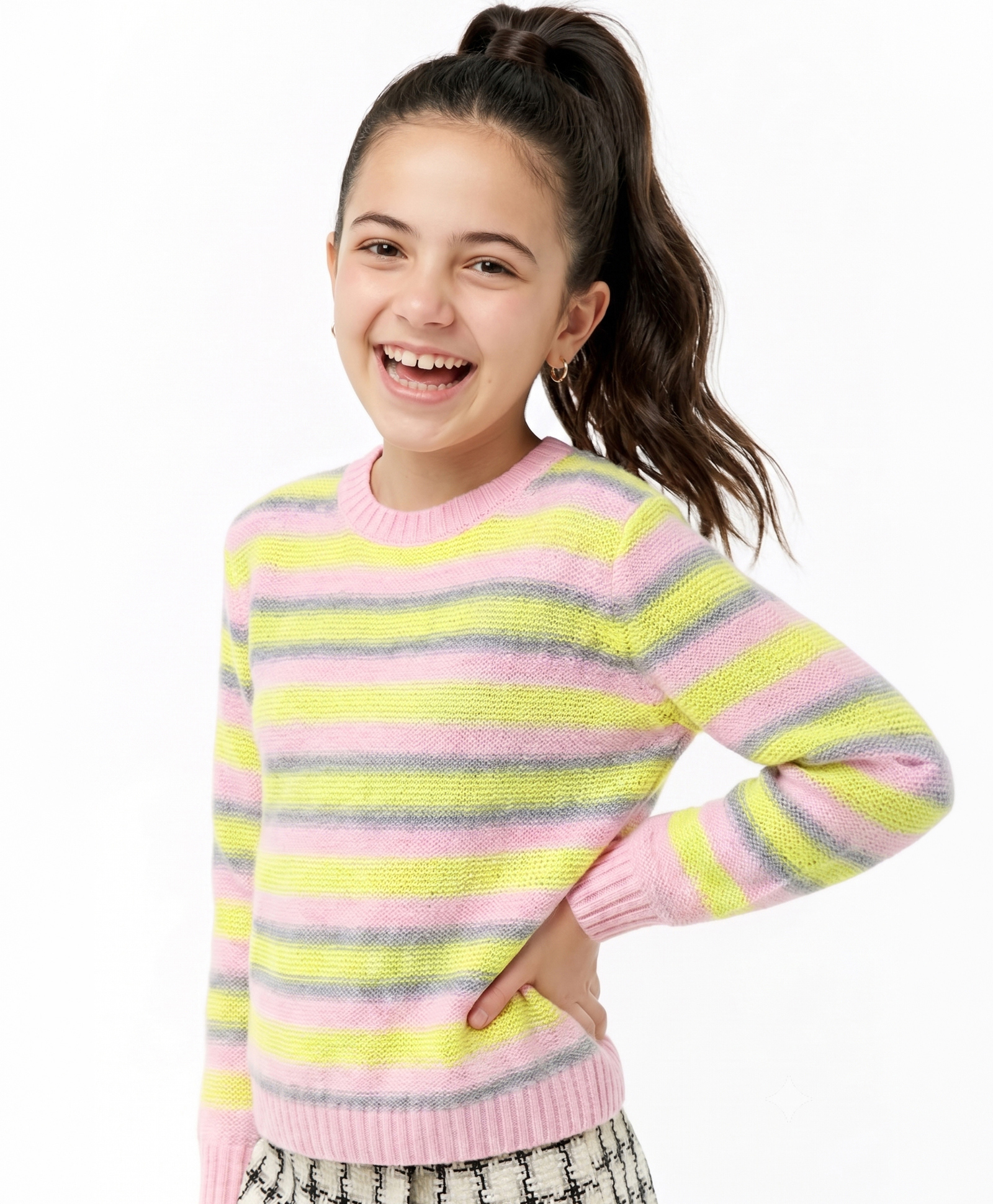 Pine Kids Knitted Full Sleeves Pullover Sweater with Striped Designed - Light Pink & Yellow-picture-35
