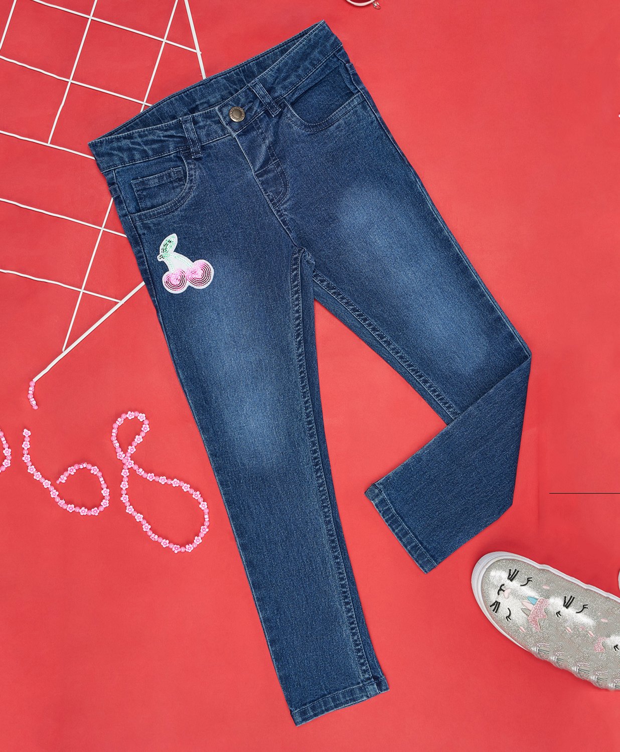 Pantaloons Junior Cotton Placement Cherry Sequins Embellished Jeans - Dark Blue-picture-32