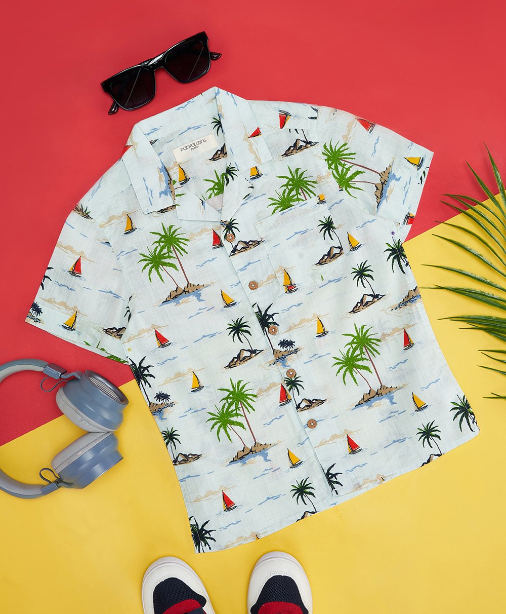 Pantaloons Junior Half Sleeves Island Theme Printed Shirt - Bright White-picture-30