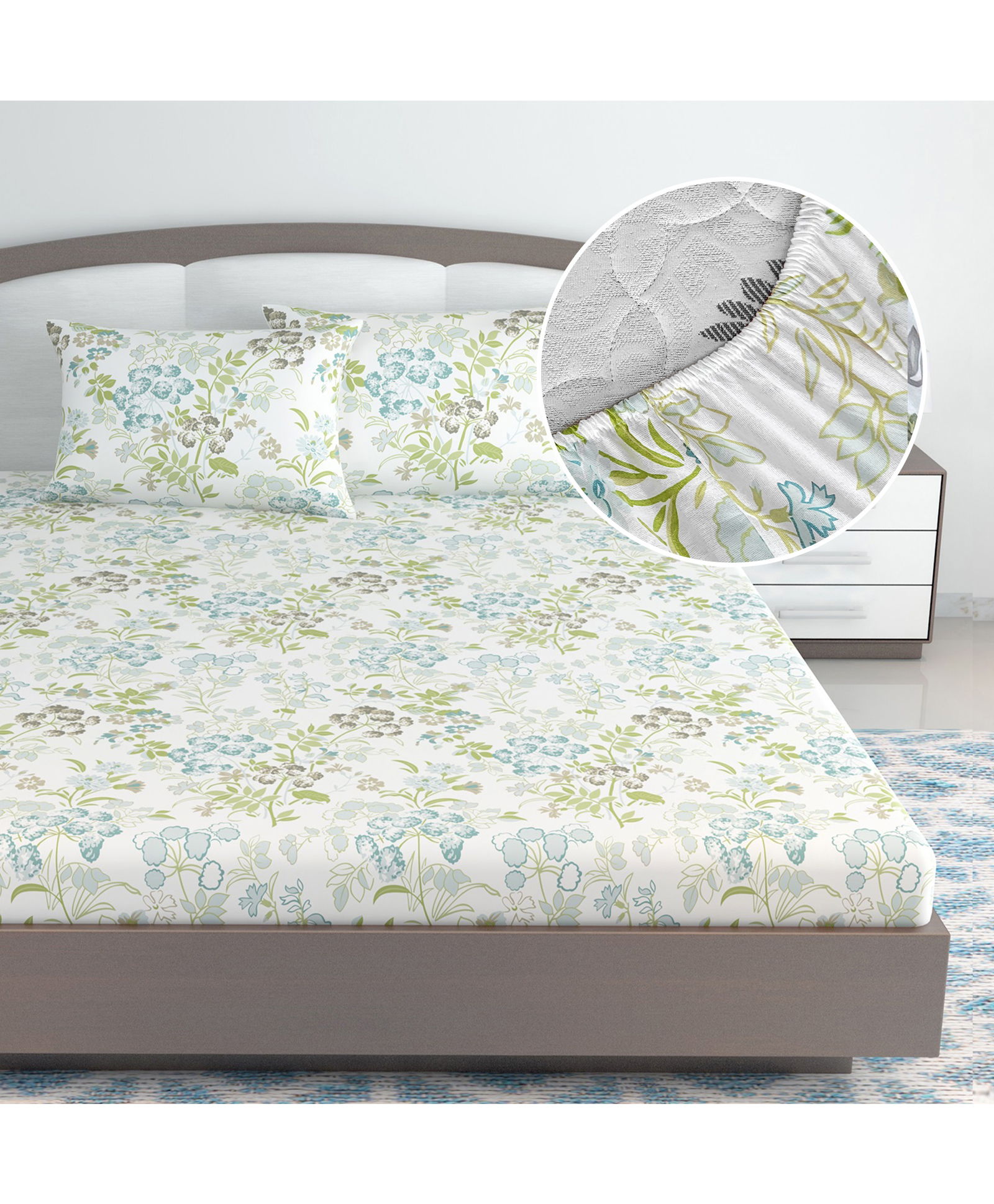 Divine Casa 144 TC 100% Cotton Floral Print Green Super Soft Bedsheet Elastic Fitted King Size Bed - 72 X 78 + 9 inches-picture-25