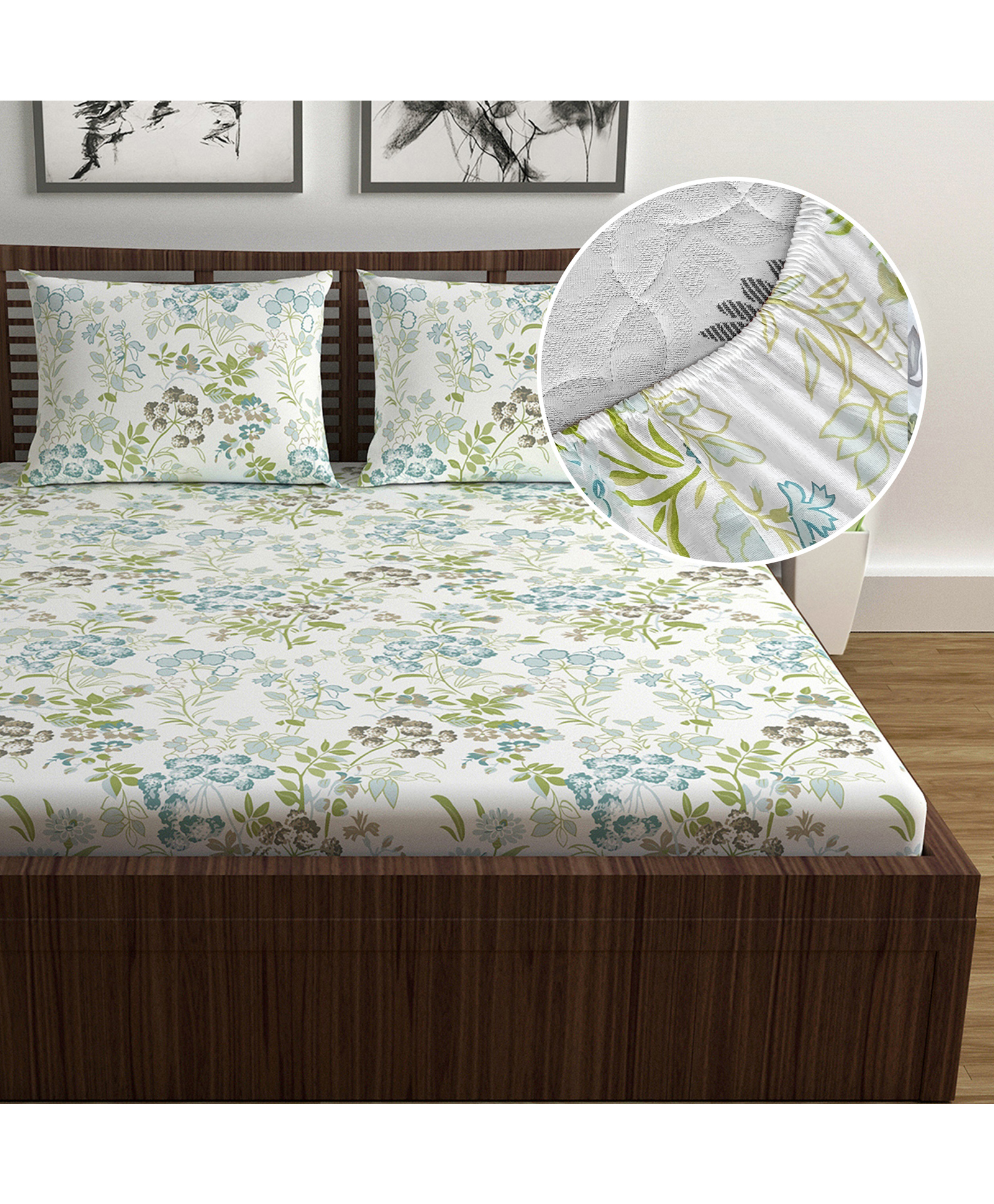 Divine Casa 144 TC 100% Cotton Floral Print Green Super Soft Fitted Bedsheets for Double Bed - 200 x 150 CM-picture-24
