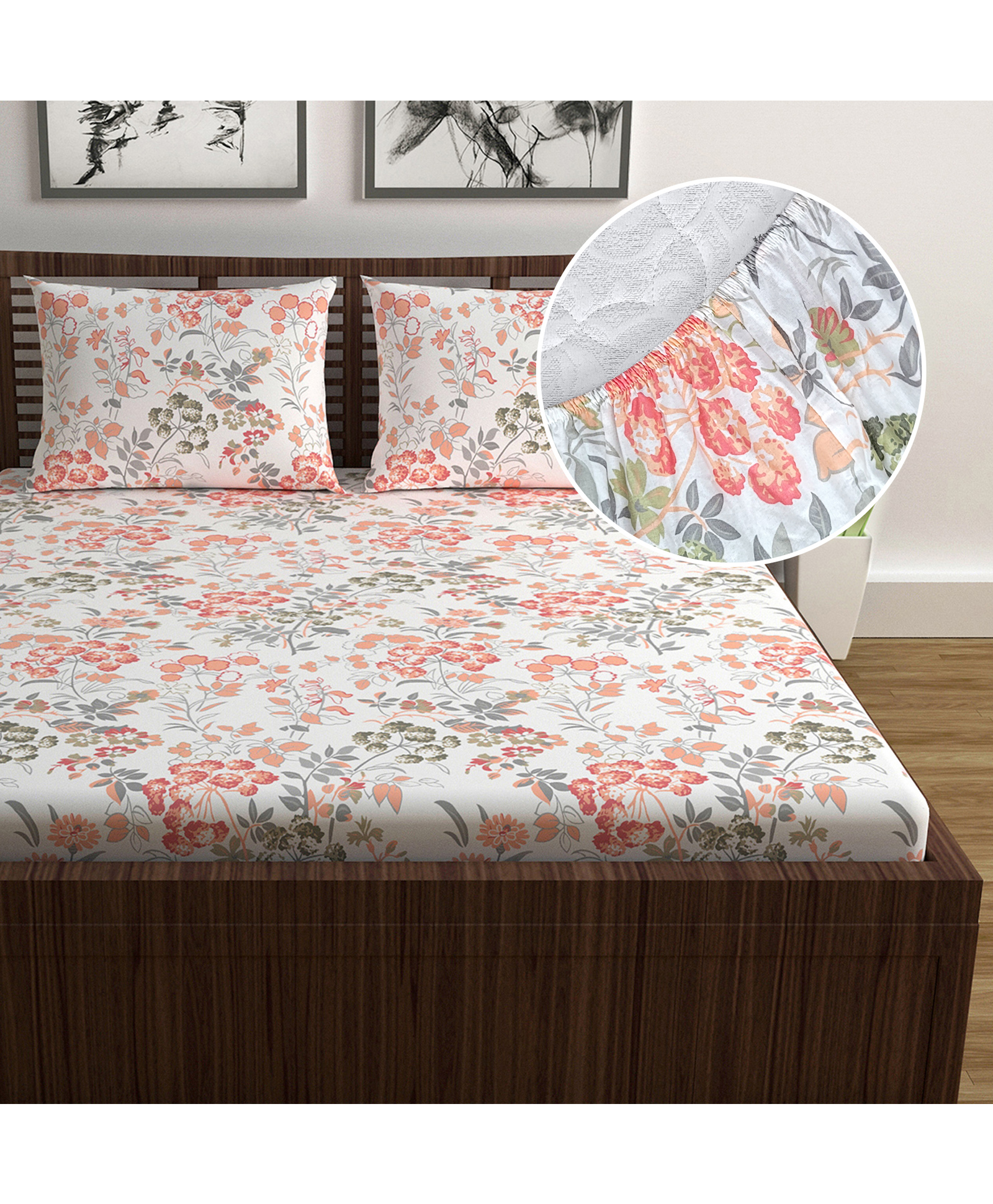 Divine Casa 144 TC 100% Cotton Floral Print Peach Super Soft Fitted Bedsheets for Double Bed - 200 x 150 CM-picture-22