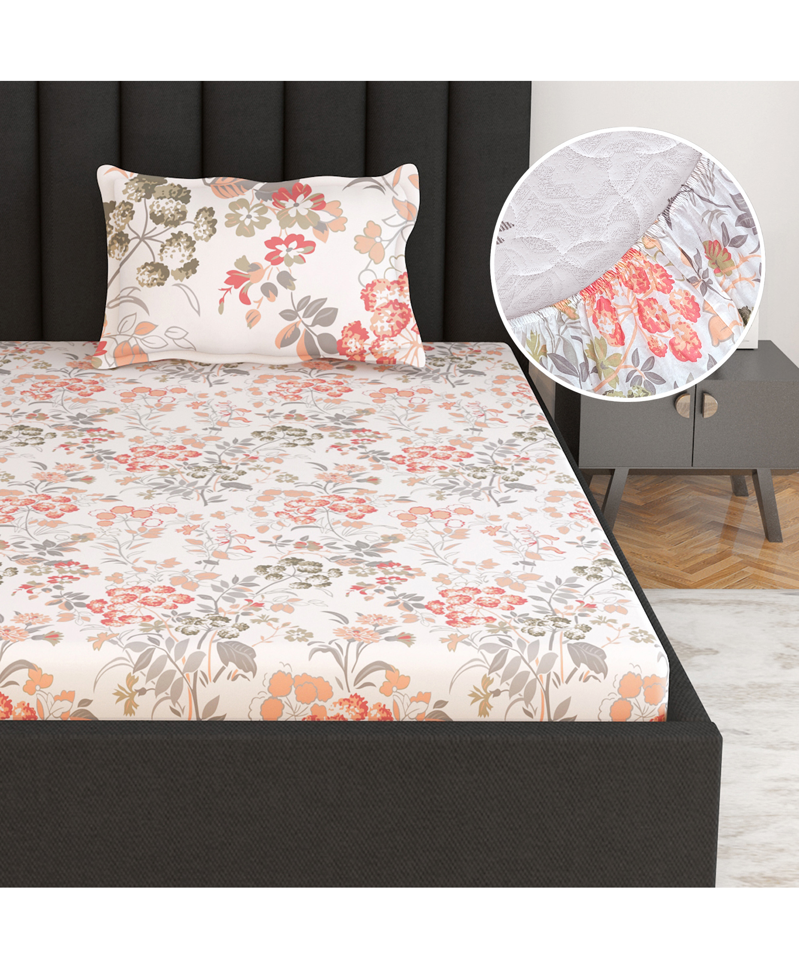 Divine Casa 144 TC 100% Cotton Floral Print Peach Super Soft Elastic Fitted Bedsheets Single Bed - 198 x 90 CM-picture-37