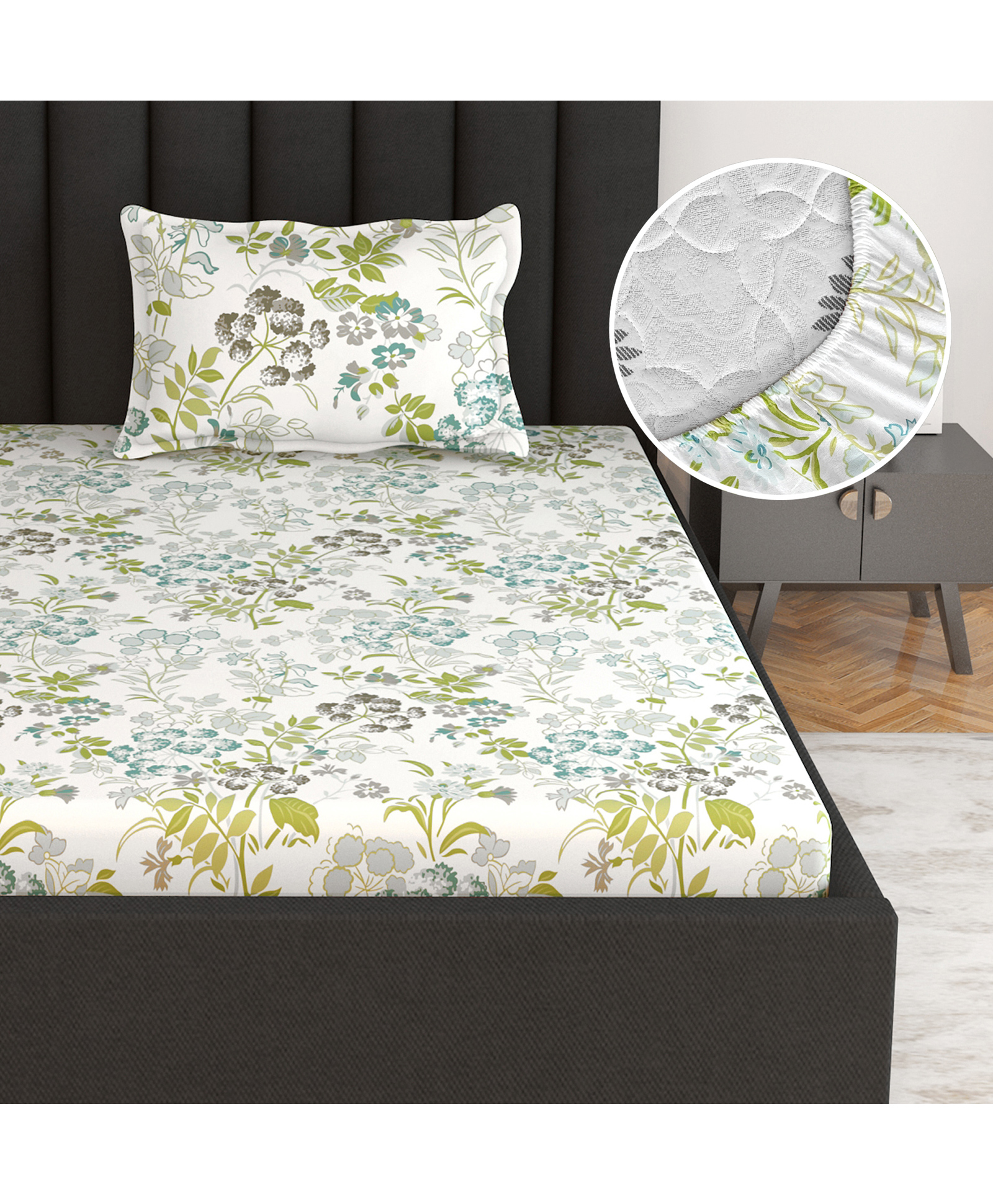 Divine Casa 144 TC 100% Cotton Floral Print Green Super Soft Bedsheet for Single Bed Elastic Fitted - 198 x 90 CM-picture-16