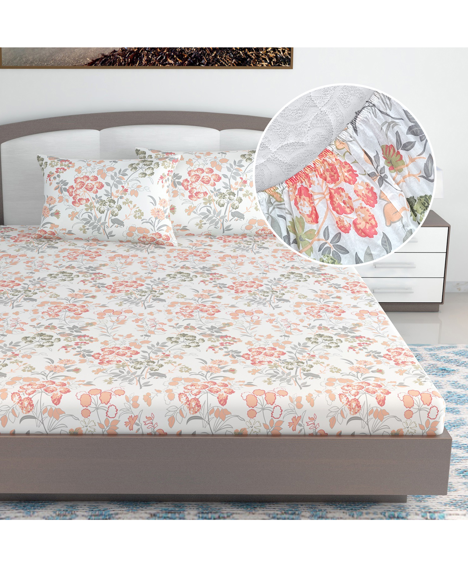 Divine Casa 144 TC Cotton Floral Peach King Size Double Bed Elastic Fitted Bedsheet with 2 Pillow Cover , Galaxy Peach)-picture-20