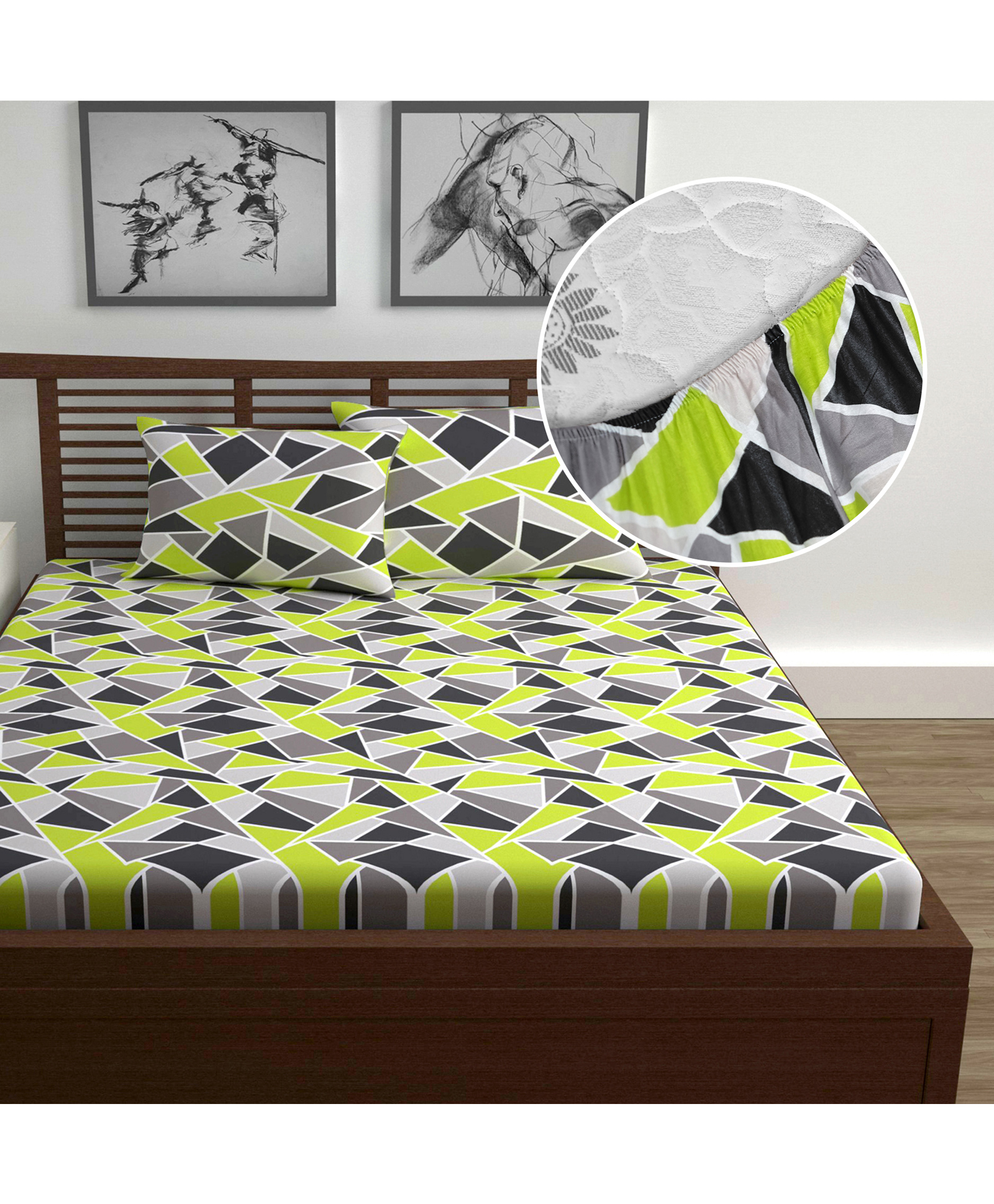 Divine Casa 144 TC 100% Cotton Abstract Print Green Super Soft Bedsheet Elastic Fitted Bedsheets Double Bed-picture-27