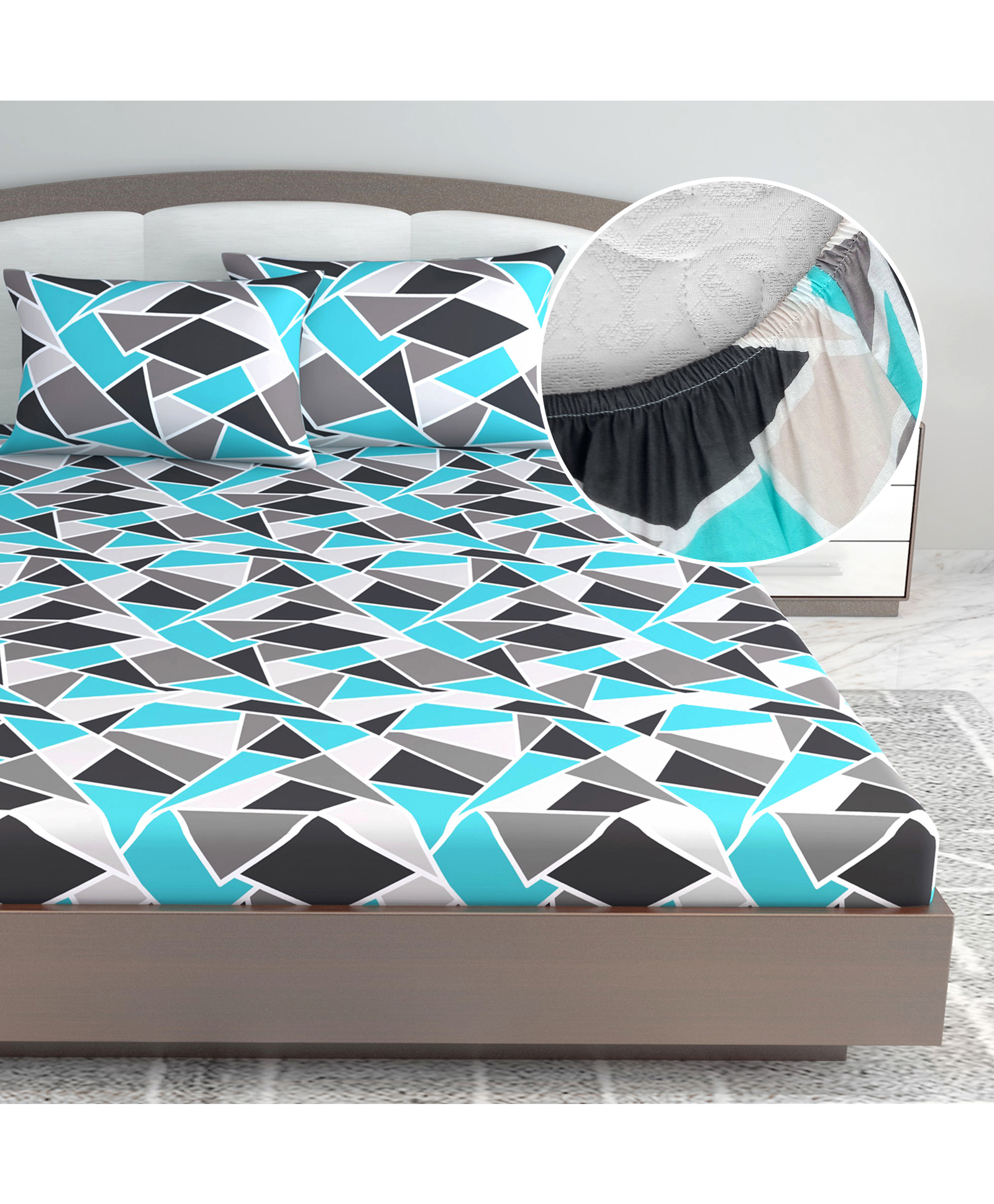 Divine Casa 144 TC 100% Cotton Abstract Print Blue Super Soft Bedsheet Elastic Fitted King Size Bed-picture-31