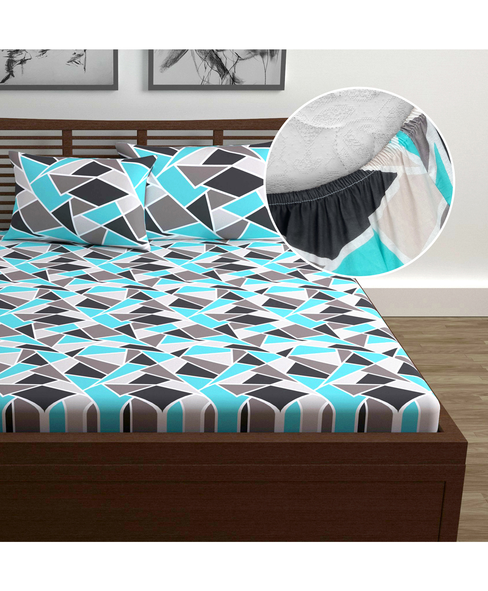 Divine Casa 144 TC 100% Cotton Abstract Print Blue Super Soft Queen Size Fitted Bedsheets Cotton | Every Day Use Elastic Fitted Bedsheets Double Bed-picture-28