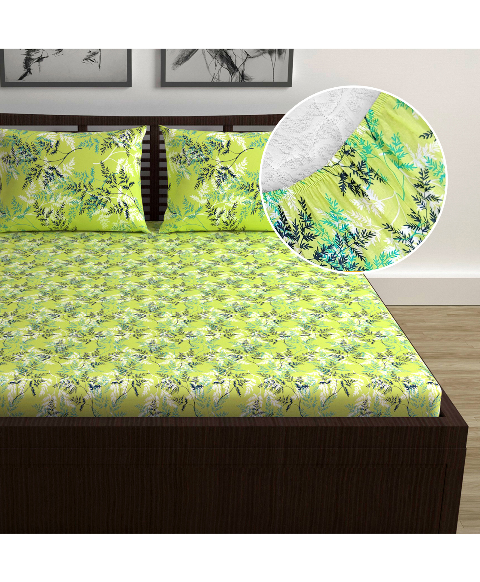 Divine Casa 144 TC 100% Cotton Floral Green Cotton Lightweight King Size Elastic Fitted Double Bedsheets-picture-21