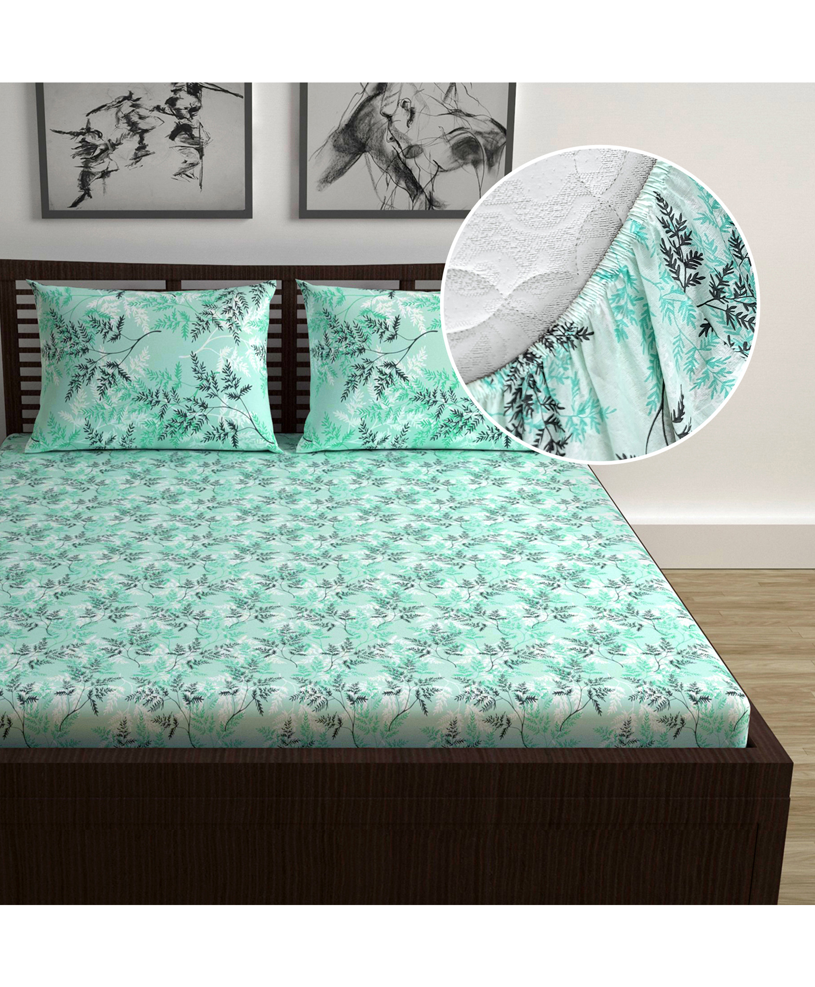 Divine Casa 144 TC 100% Cotton Floral Print Elastic Fitted Bedsheets Double Bed | Ultrasoft Queen Size Elastic Fitted Bedsheets-picture-33