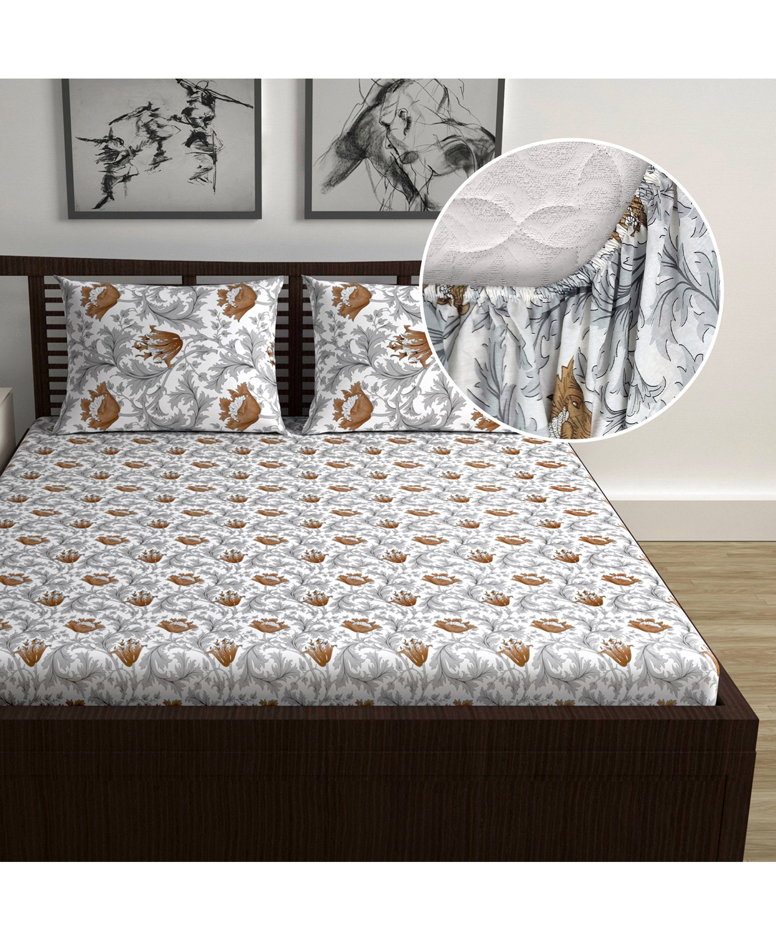 Divine Casa 144 TC Cotton Super Soft Brushed Elastic Fitted Floral Queen Size Double Bed Bedsheet with 2 Pillow Cover Coffee Brown)-image-36