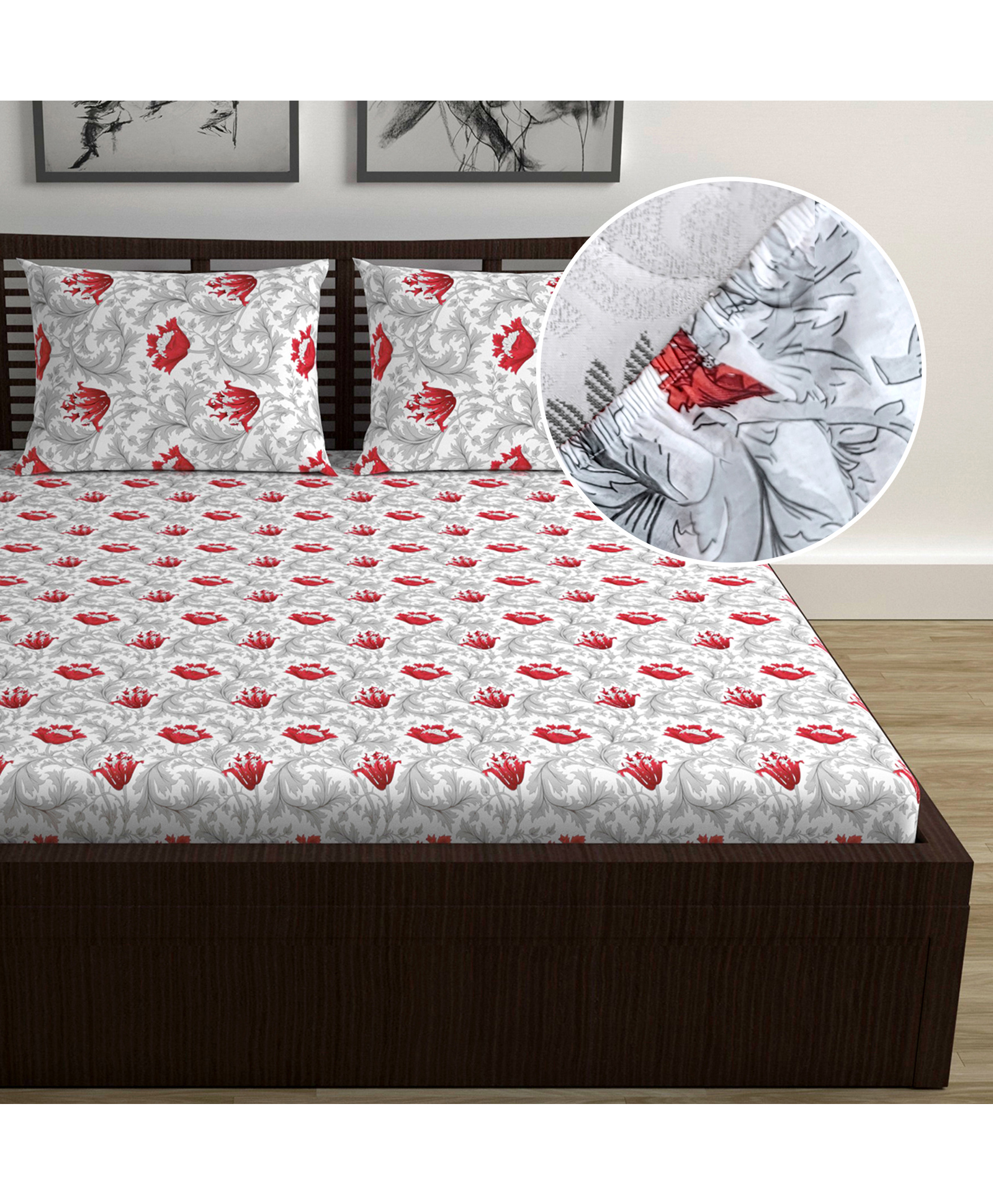 Divine Casa 144TC 100% Cotton Fitted Bedsheets Queen Size| Printed Double King Bed Size Elasticated Fitted Bedspread with 2 Pillow Covers-picture-30