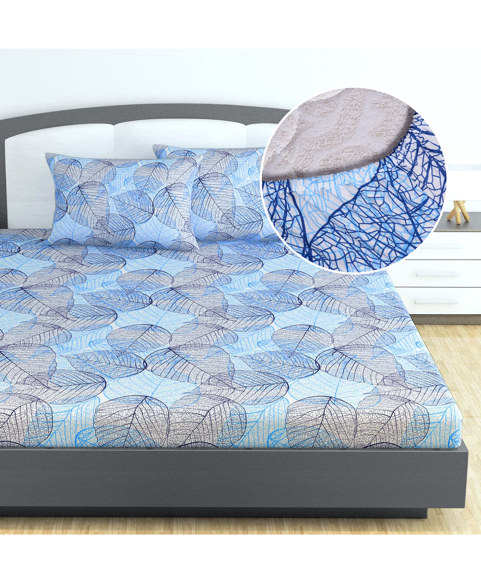 Divine Casa 144 TC Floral Print Blue Skin Friendly 100% Cotton Elastic Fitted Bedsheets King Size-picture-39