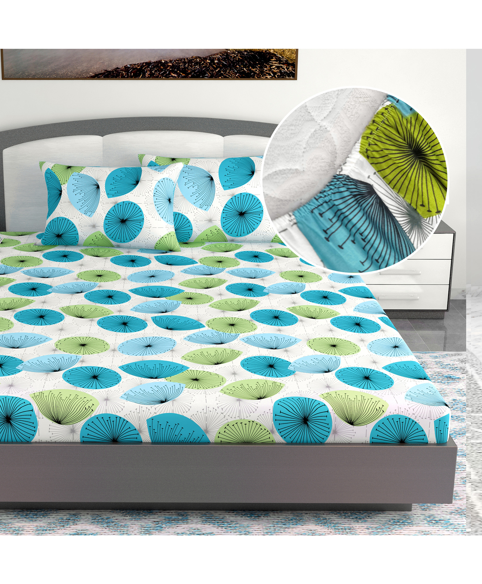 Divine Casa 144 TC 100% Cotton Floral Green Breathable Bedsheet King Size Bed Cotton Elastic Fitted - 78 x 72 inches-picture-23