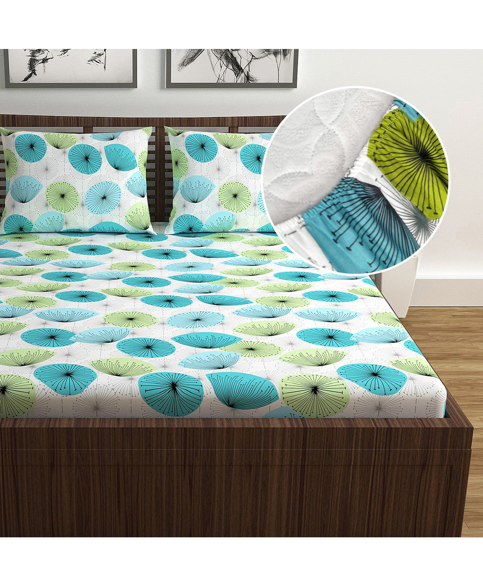Divine Casa 144 TC 100% Cotton Floral Green Breathable Queen Size Elastic Fitted Bedsheets-picture-20