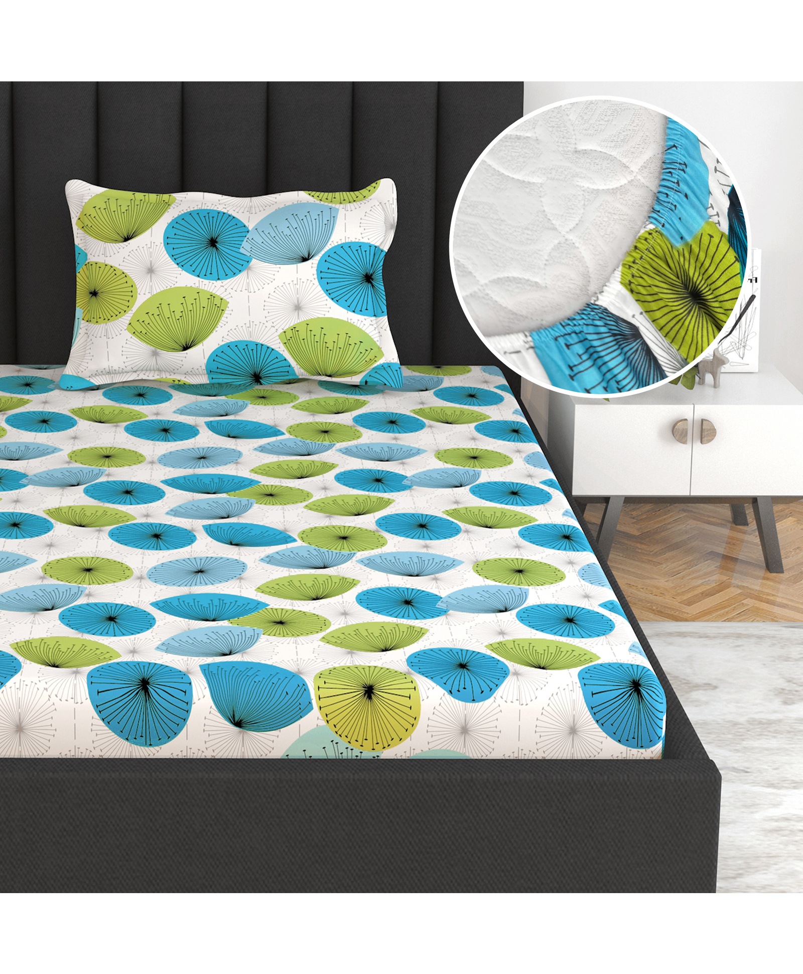 Divine Casa 144 TC 100% Cotton Floral Green Breathable Elastic Fitted Bedsheet Single Bed - 198 x 90 CM-picture-14
