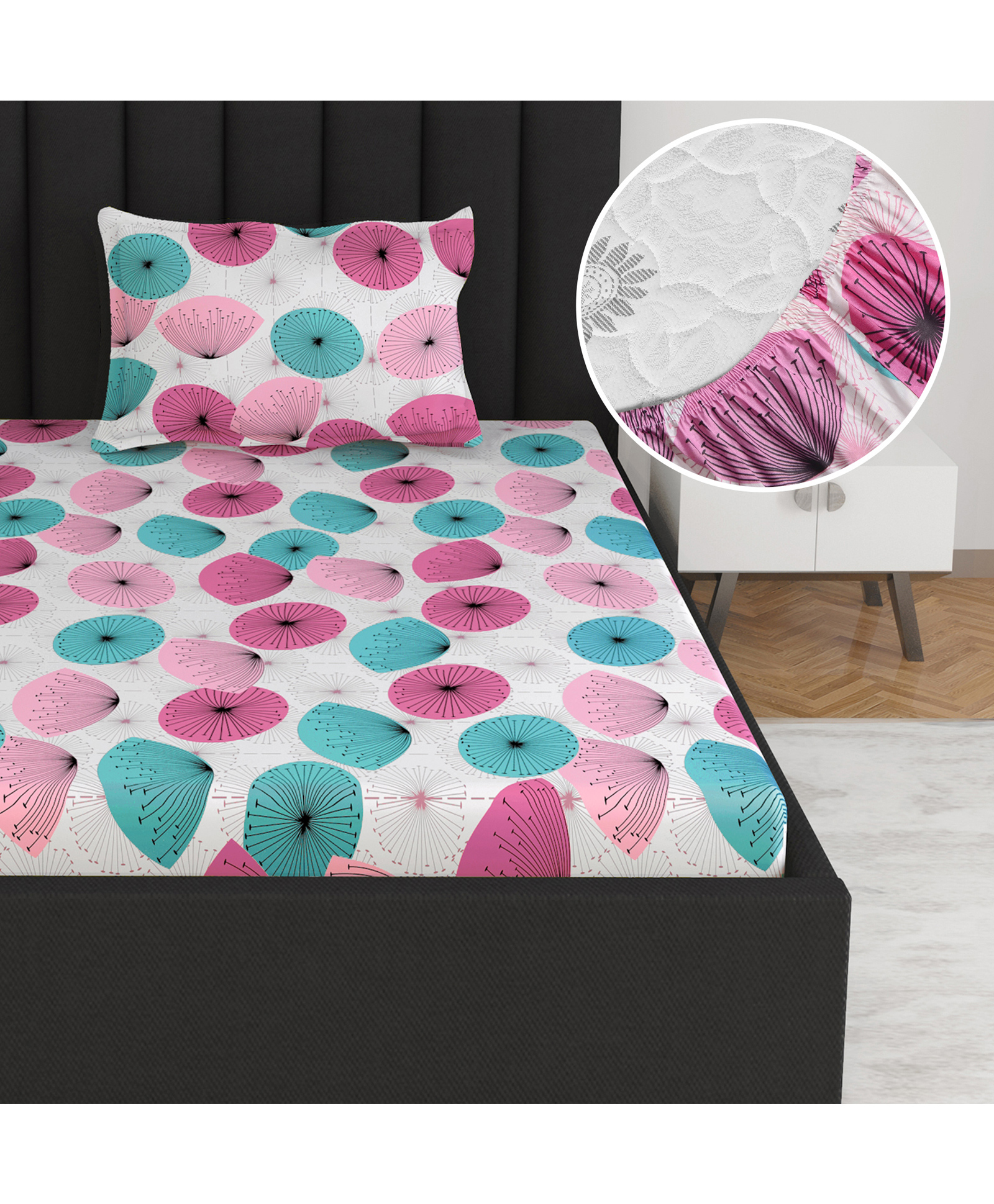 Divine Casa 144 TC 100% Cotton Floral Pink Breathable Elastic Fitted Bedsheets Single Bed - 198 x 90 CM-picture-35