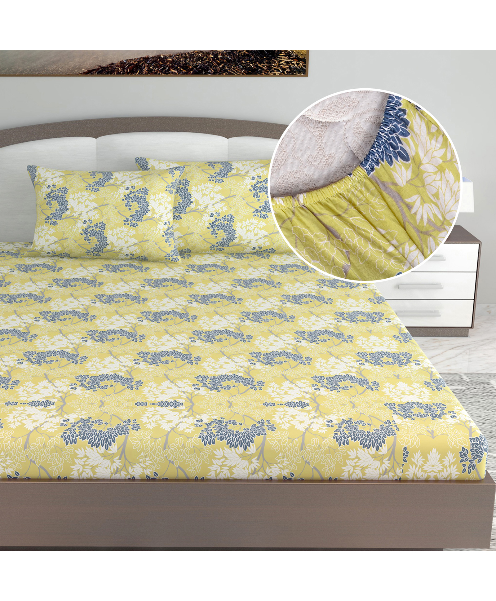 Divine Casa 144 TC Floral Green 100% Cotton Elastic Fitted Bedsheets King Size With 2 Pillow Covers - 78 x 72 inches-picture-26