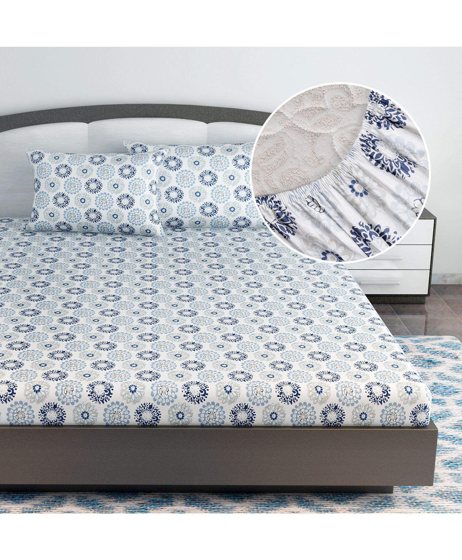 Divine Casa 144 TC Floral Grey 100% Cotton Elastic Fitted Bedsheets King Size With 2 Pillow Covers - 78 x 72 inches-picture-28