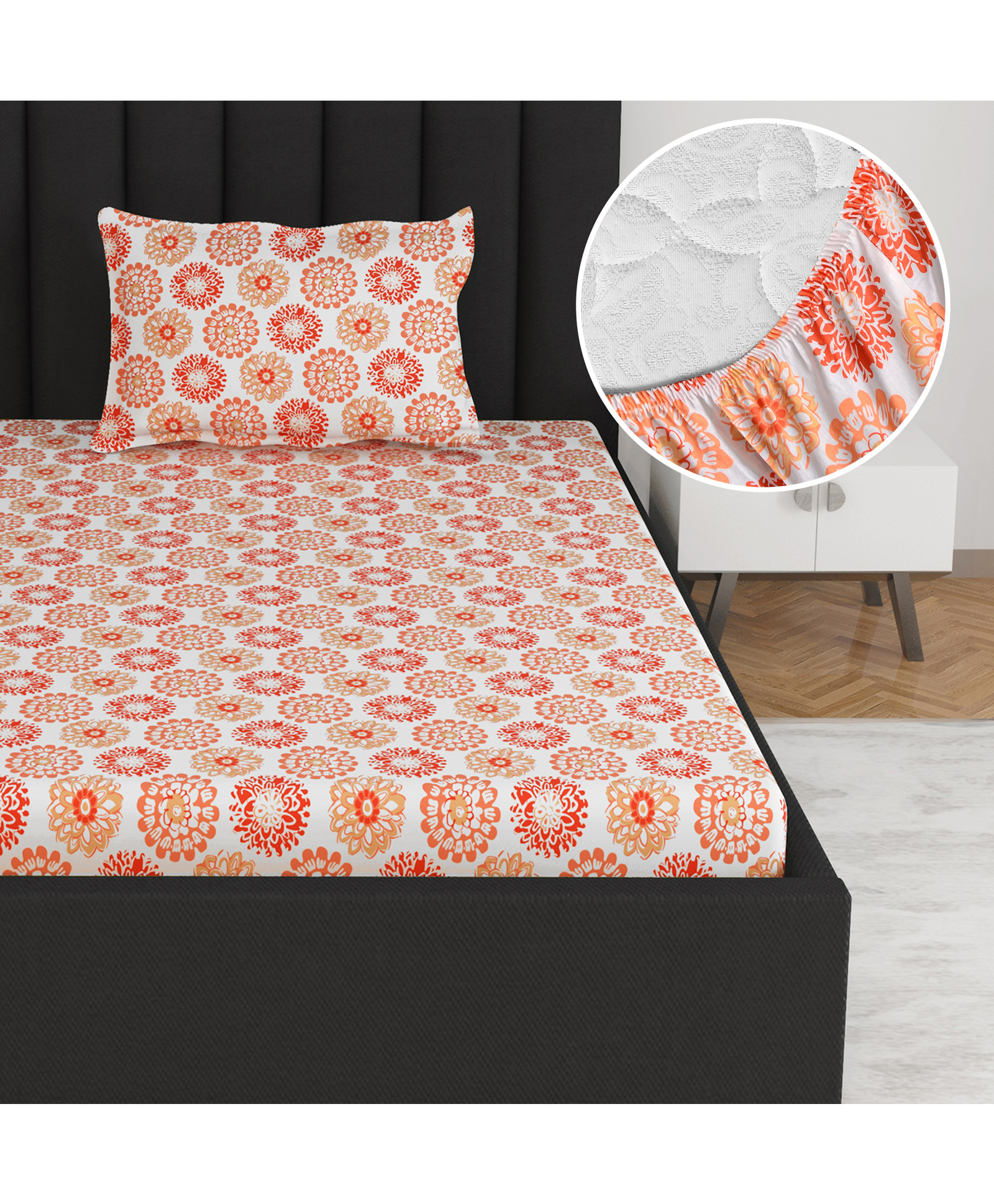 Divine Casa 144 TC 100% Cotton Floral Peach Ultrasoft Bedsheet for Single Bed Elastic Fitted - 198 x 90 CM-picture-34