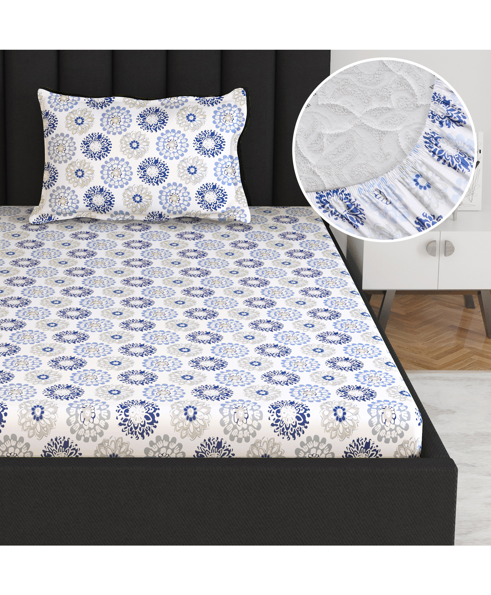 Divine Casa 144 TC Floral Grey 100% Cotton Elastic Fitted Bedsheets Single Bed With 1 Pillow Covers - 198 x 90 CM-image-29