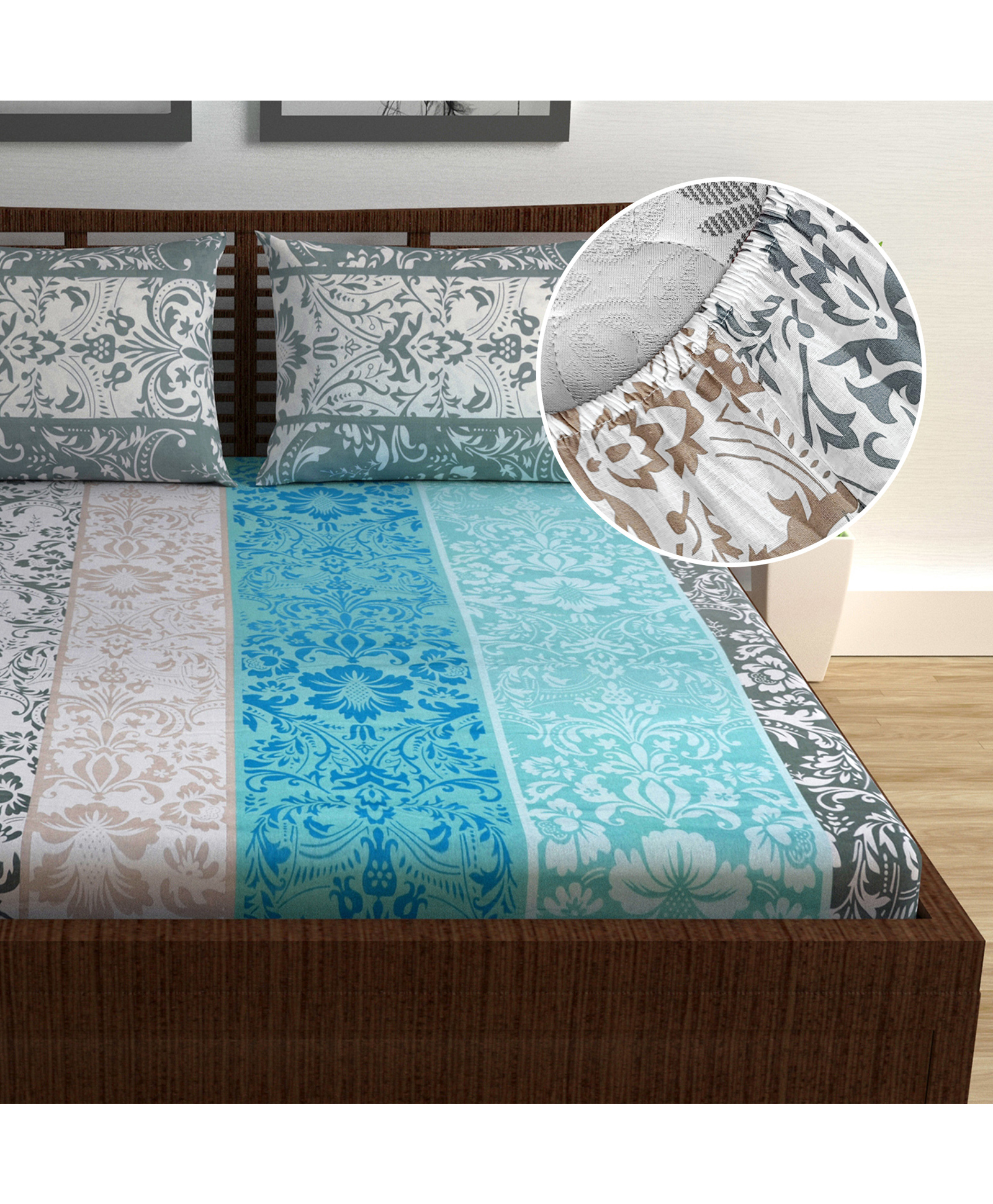 Divine Casa 144 TC 100% Cotton Floral Grey Breathable Bedsheet Doube Size Bed Cotton Elastic Fitted-picture-30