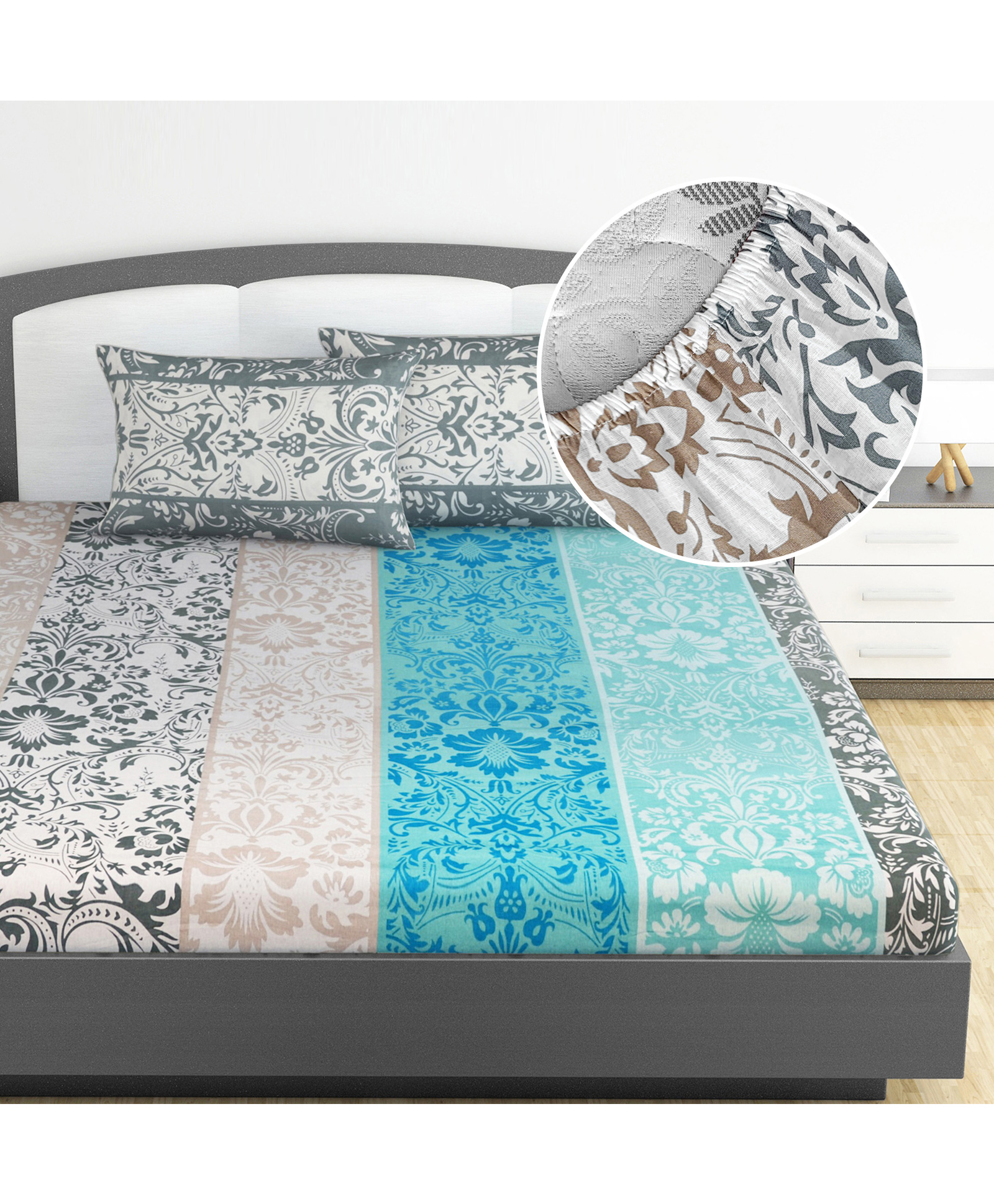 Divine Casa 144 TC 100% Cotton Floral Grey Breathable Bedsheet King Size Bed Cotton Elastic Fitted-picture-38