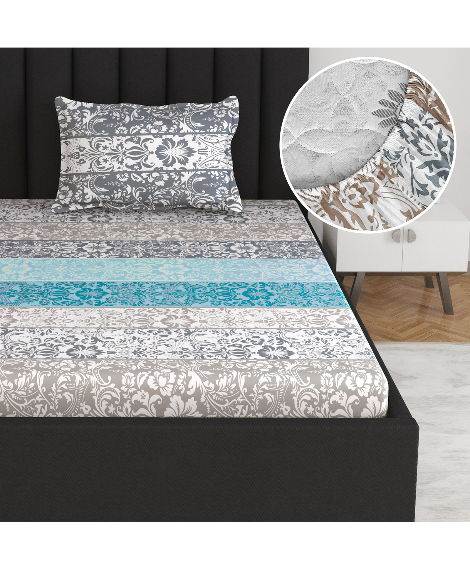Divine Casa 144 TC 100% Cotton Floral Grey Breathable Bedsheet for Single Bed Elastic Fitted-picture-32
