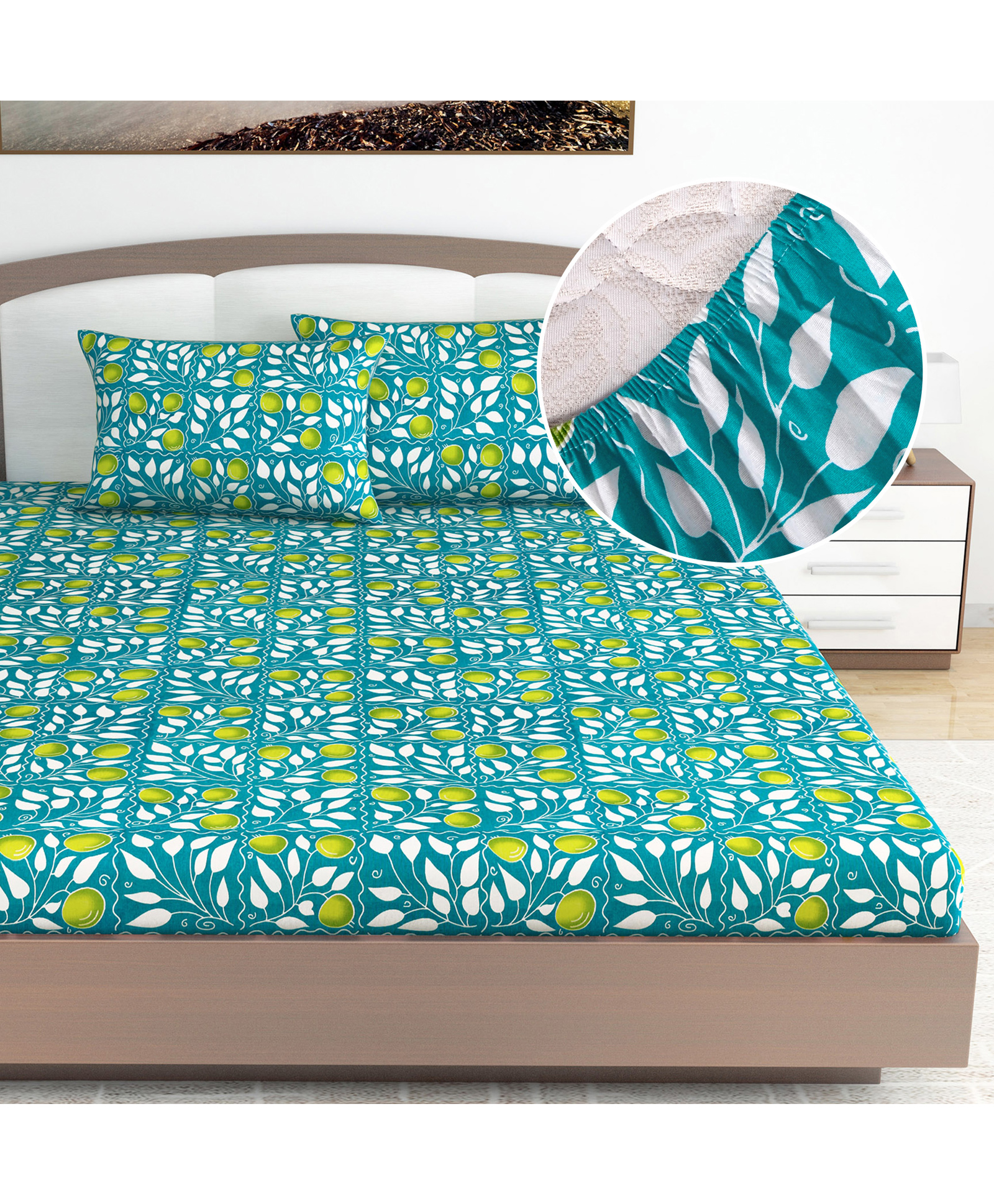 Divine Casa 144 TC Floral Blue 100% Elastic Fitted Printed King Size Double Bed Bedsheet with 2 Pillow Cover For Bedroom-picture-26