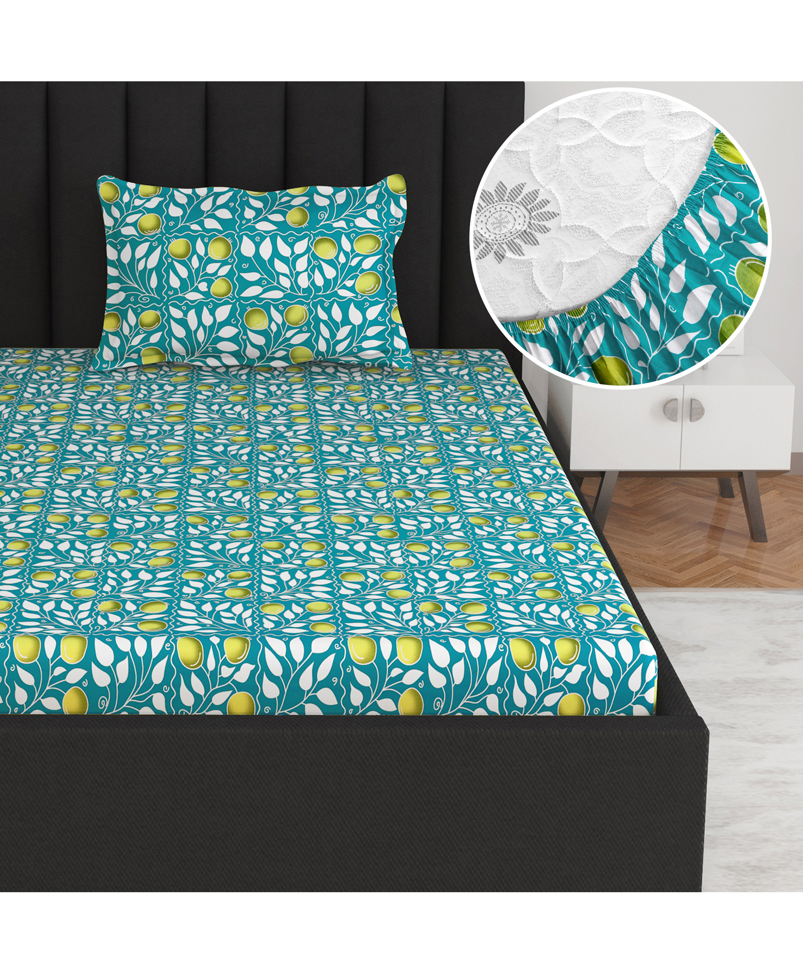 Divine Casa 144 TC Floral Blue 100% Single Bedsheet Cotton Elastic Fitted with 1 Pillow Cover For Bedroom-picture-31