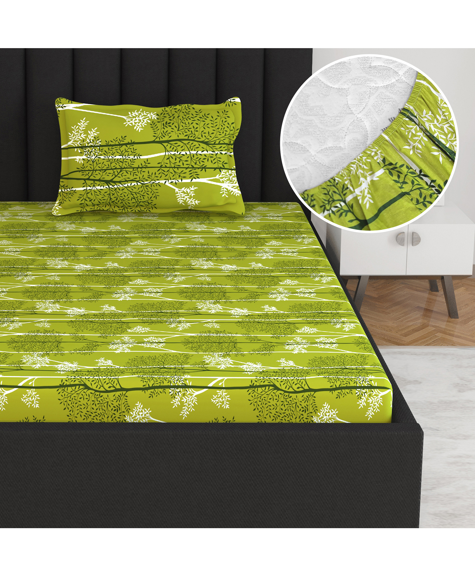 Divine Casa 144 TC Floral Green 100% Cotton Summer Bedsheet Elastic Fitted Single Size Bed-picture-17