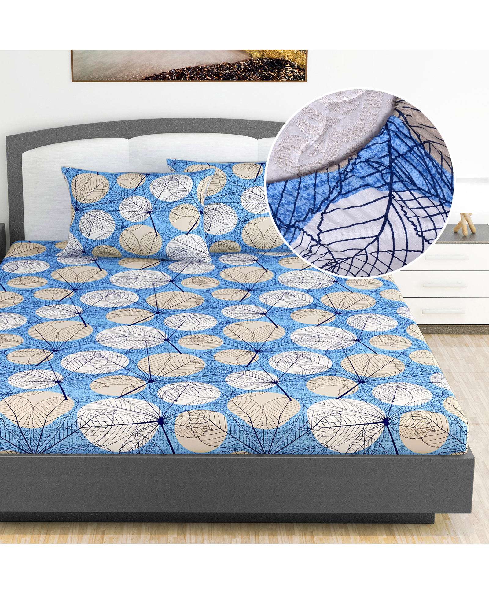 Divine Casa 144 TC 100% Cotton Floral Blue Cotton Lightweight King Size Bedsheet With Elastic Fitted-picture-31