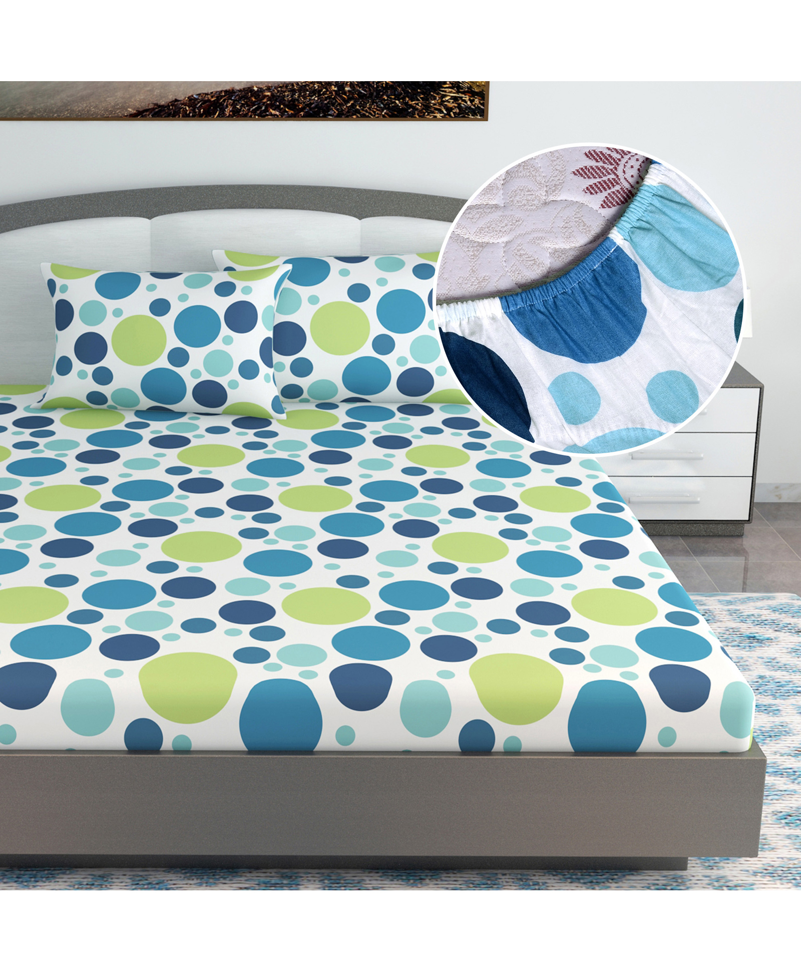 Divine Casa 144 TC Polka Print Blue Skin Friendly 100% Cotton Elastic Fitted Bedsheets King Size-picture-32