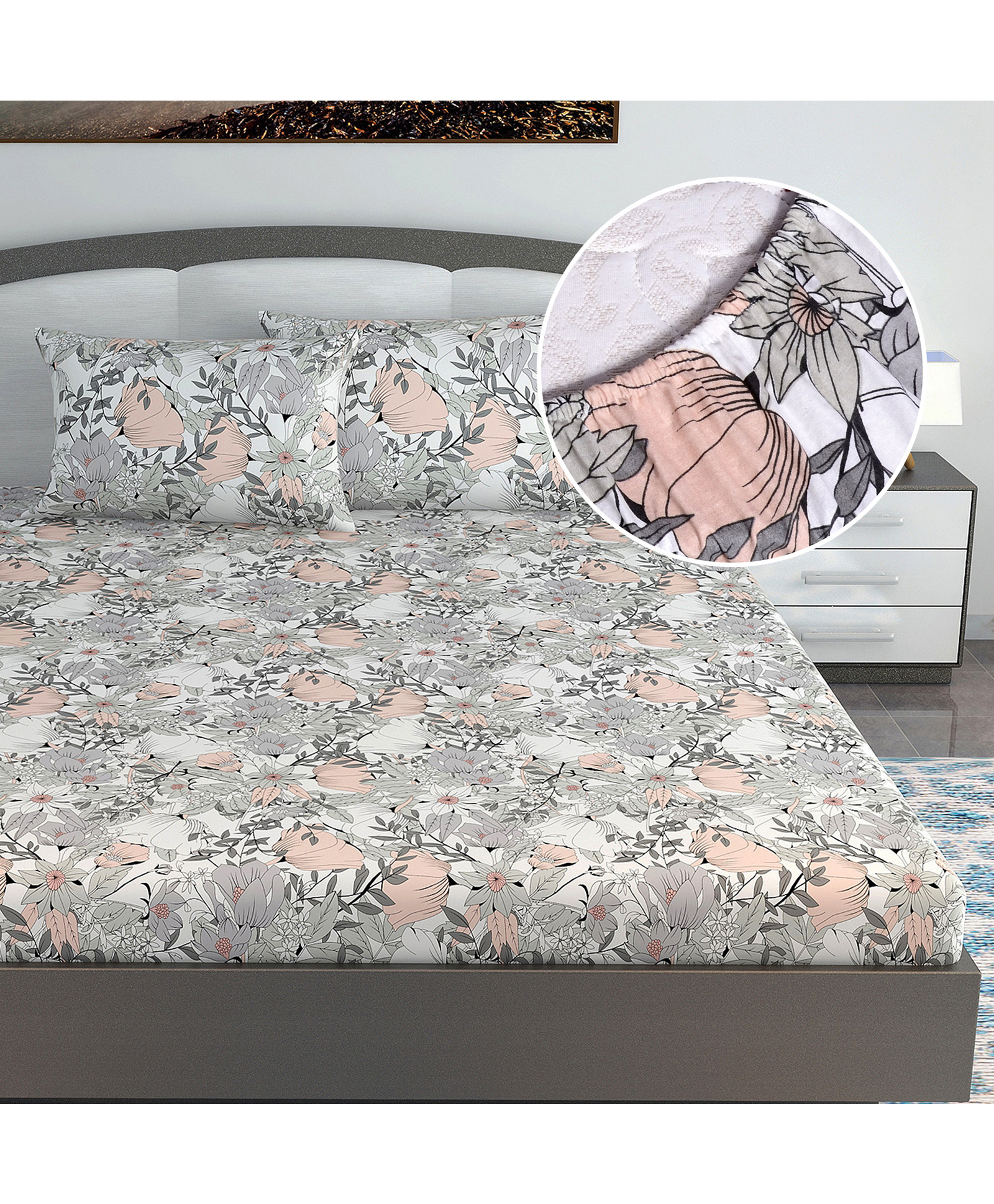 Divine Casa 144 TC Floral Grey 100% Cotton Elastic Fitted Bedsheets King Size With 2 Pillow Covers-picture-38