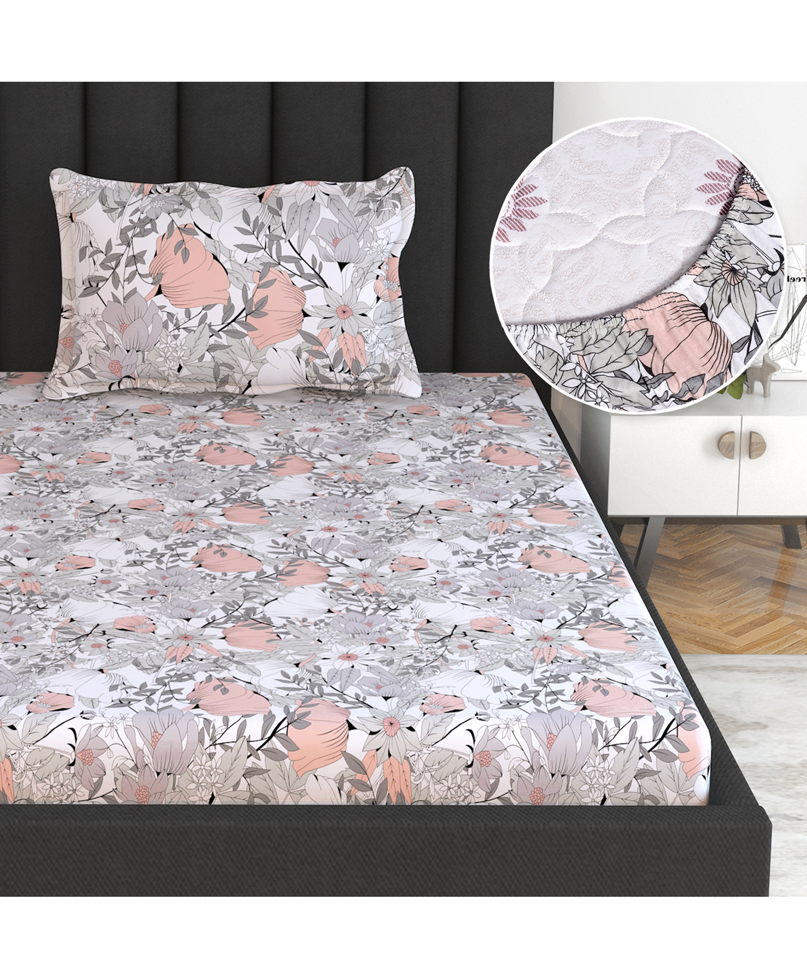Divine Casa 144 TC Floral Grey 100% Cotton Elastic Fitted Bedsheets Single Bed with 1 Pillow Covers - 198 x 90 CM-picture-29