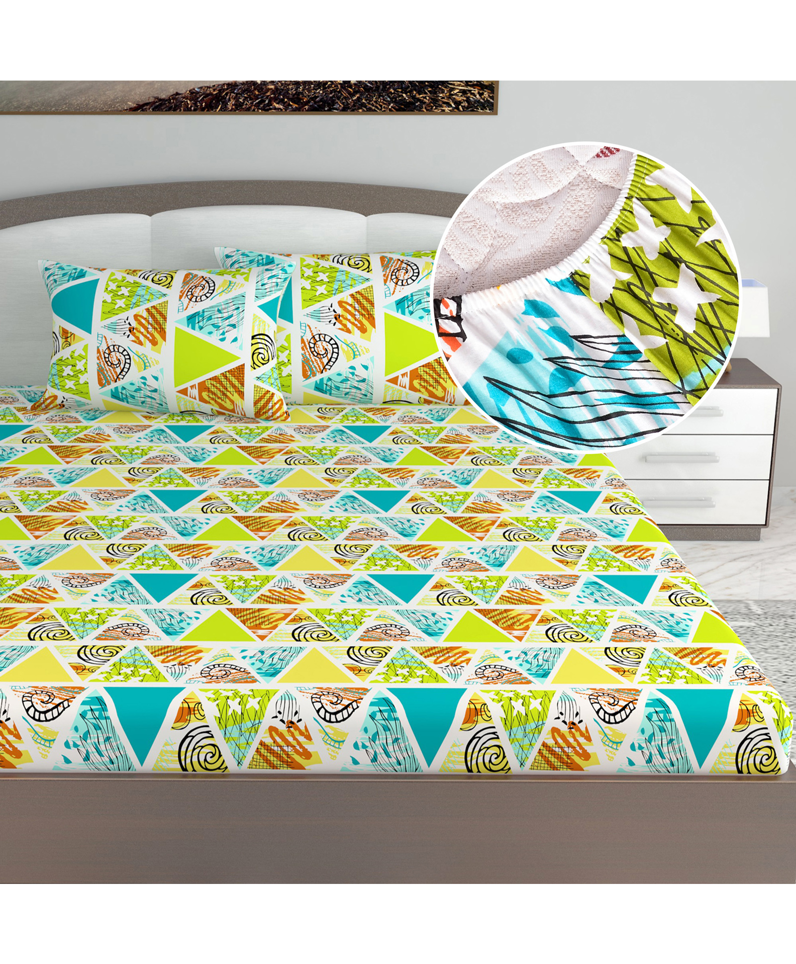 Divine Casa 144 TC Cotton Geometric Print King Size Double Bed Elastic Fitted Bedsheet with 2 Pillow Cover-picture-21