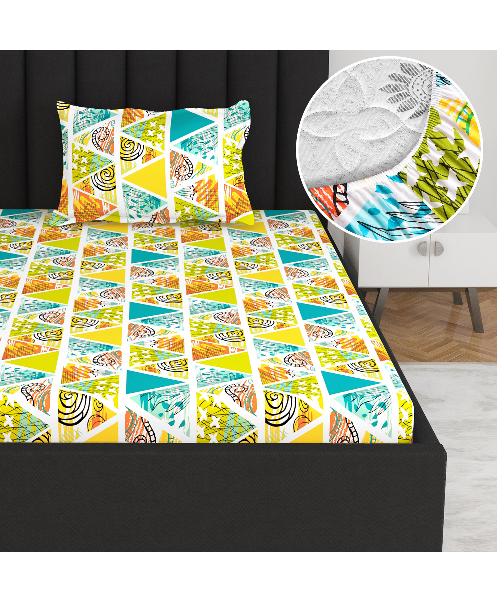 Divine Casa 144 TC Cotton Geometric Print Single Bedsheet With Elastic Fitted with 1 Pillow Cover - 198 x 90 CM-image-5