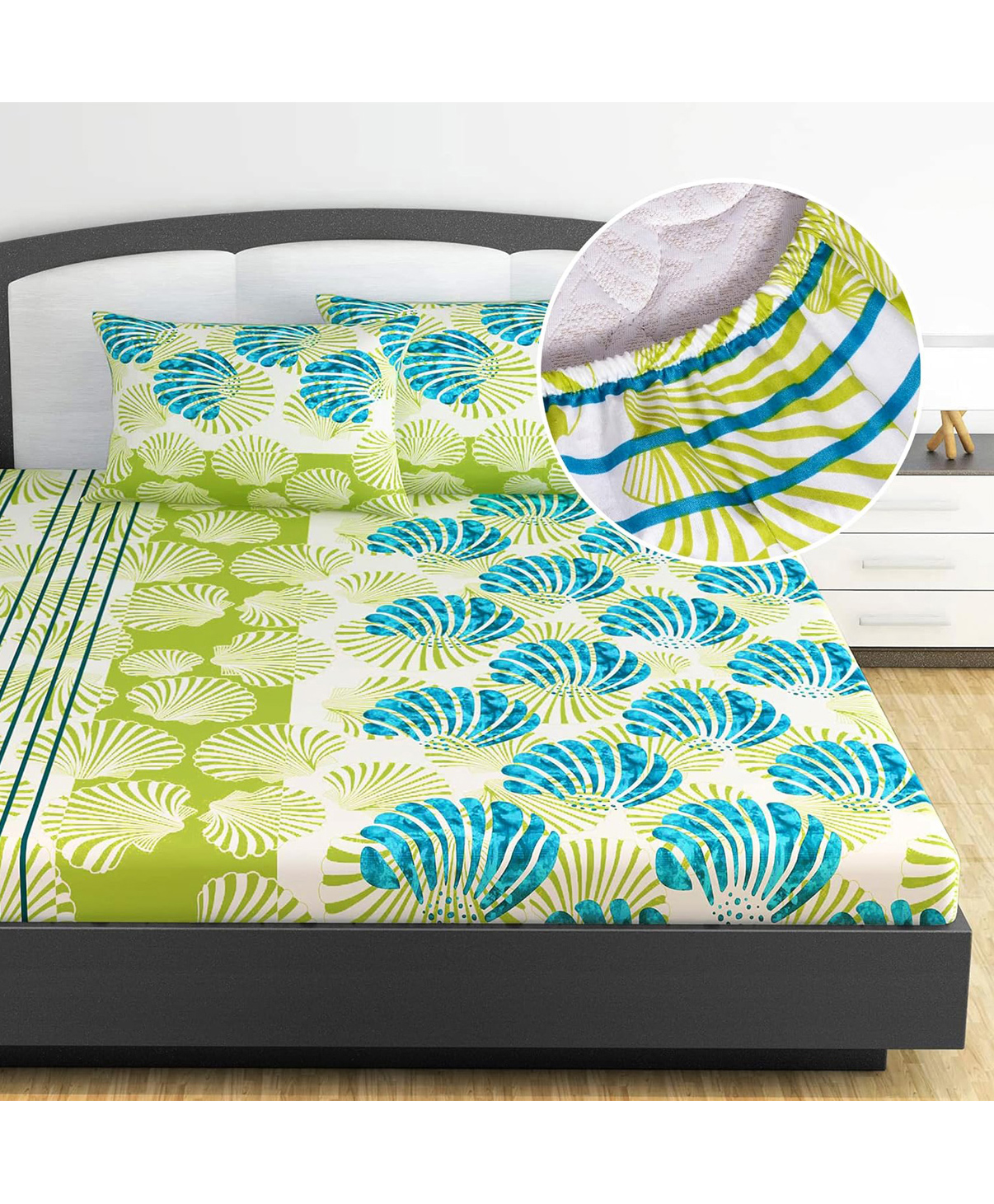 Divine Casa 144 TC 100% Cotton Acid Lime Elastic Fitted Bedsheets King Size with 2 Pillow Covers Calming Shells-picture-24