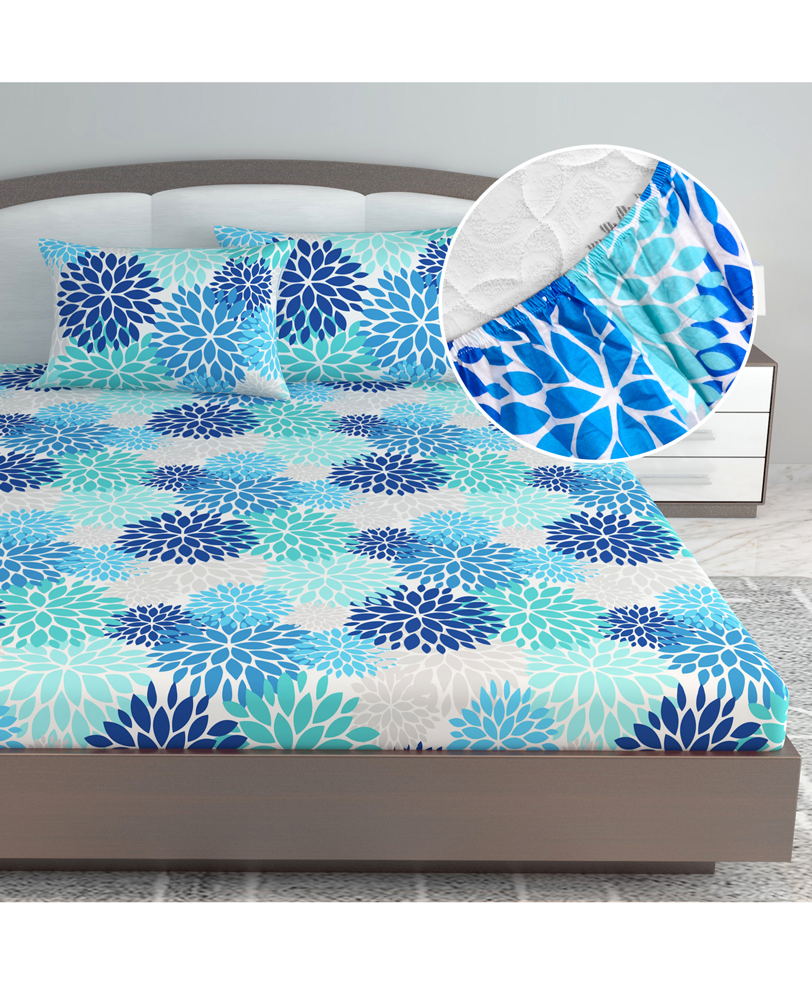 Divine Casa 144 TC Cotton Floral Print King Size Double Bed Elastic Fitted Bedsheet with 2 Pillow Cover-picture-22