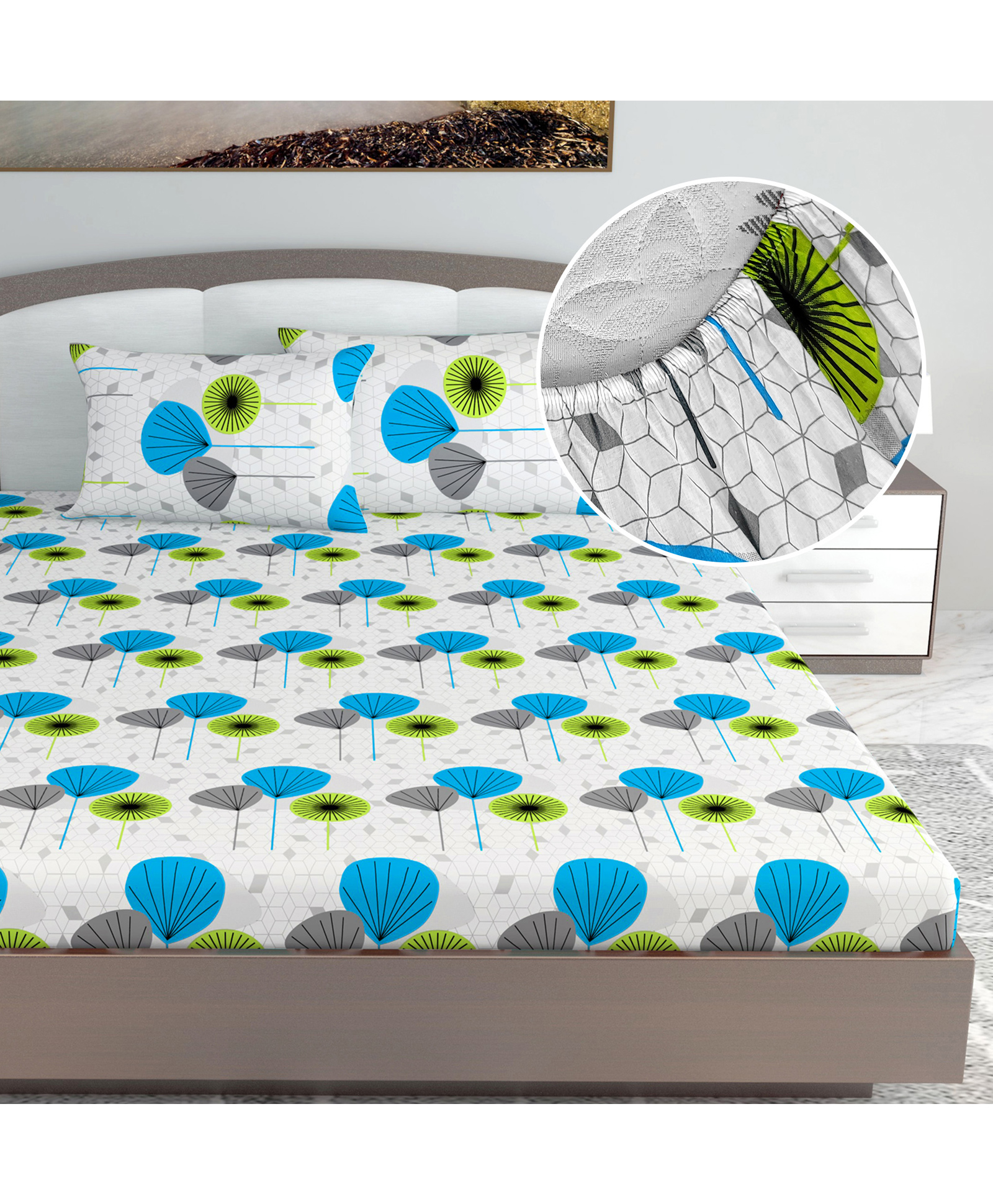 Divine Casa 144 TC 100% Cotton Floral Print White Summer Bedsheet Elastic Fitted King Size Bed --picture-39