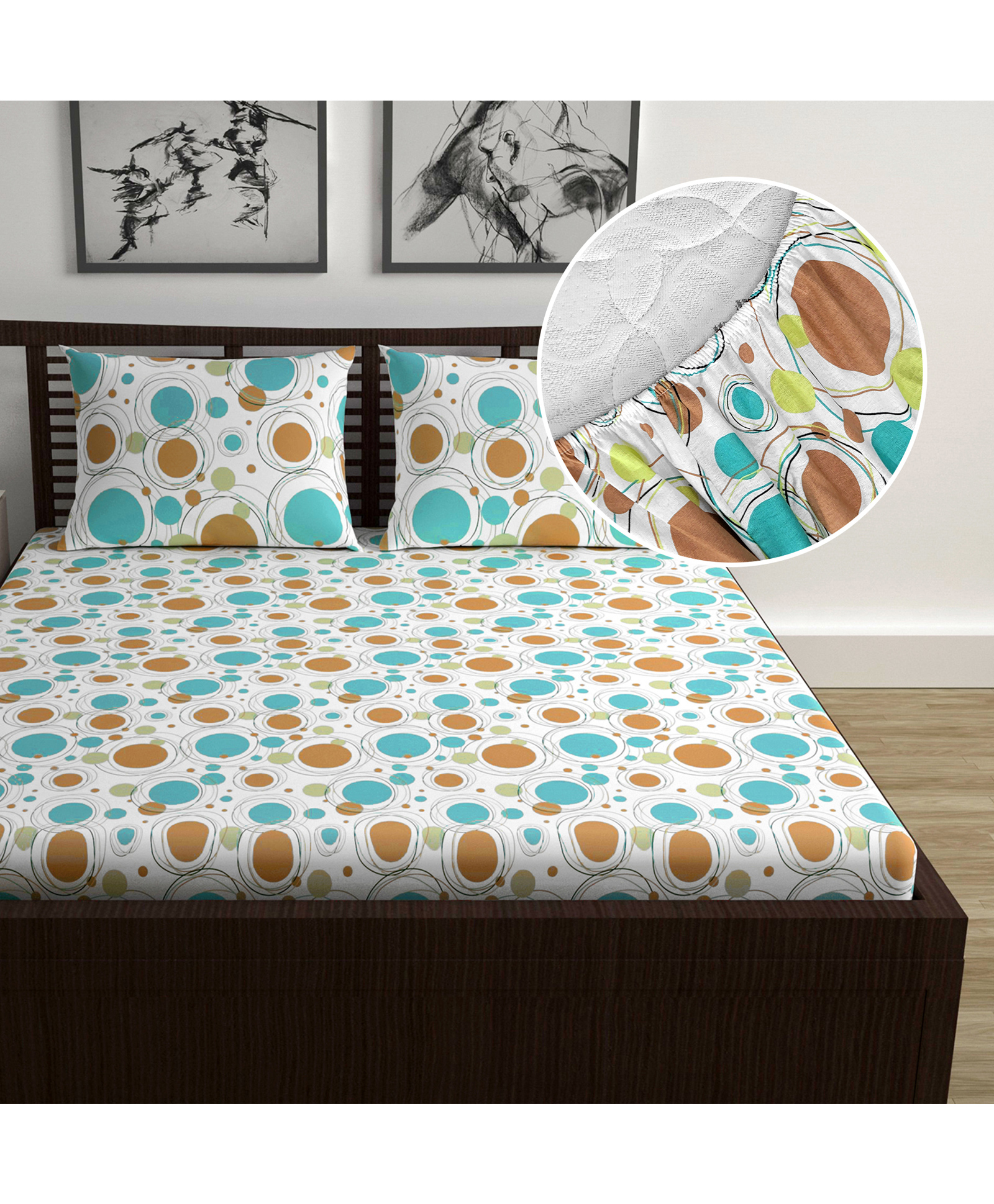 Divine Casa 144 TC Polka Dots White Skin Friendly 100% Cotton Double Bed Sheet Queen Size Elastic Fitted-image-45