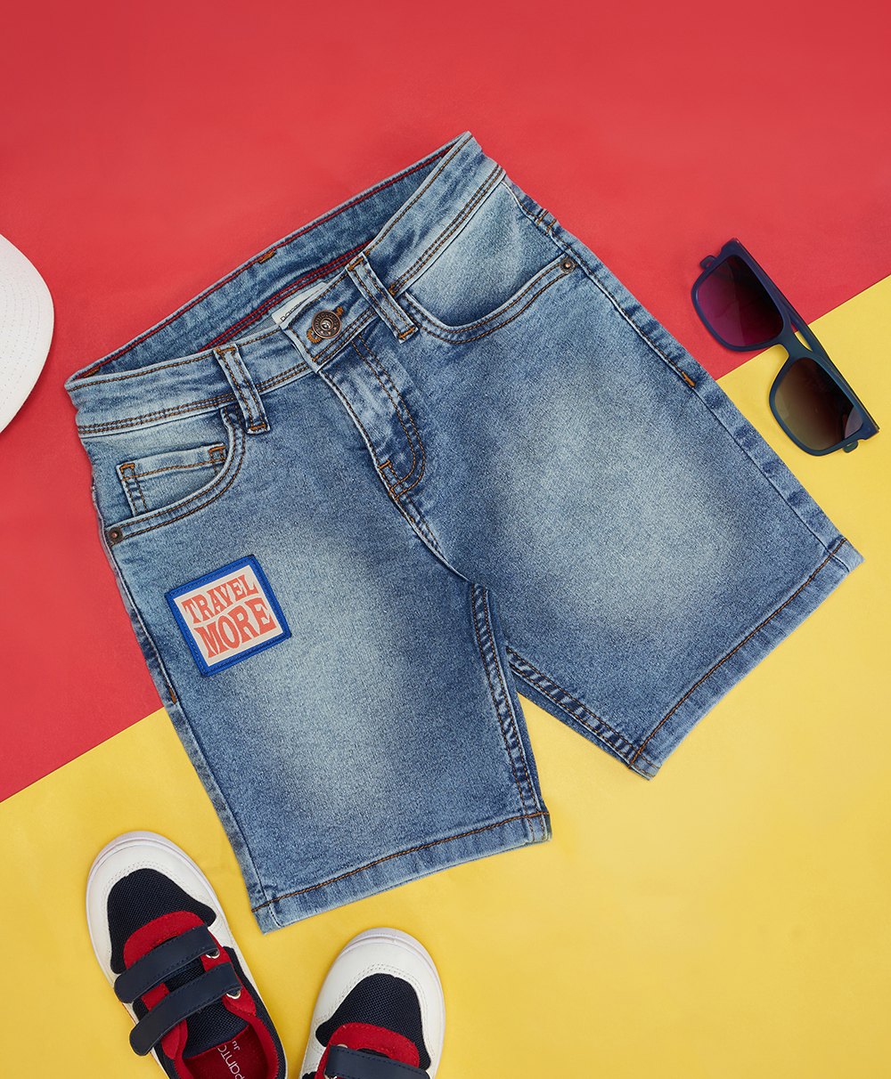 Pantaloons Junior Placement Text Patch Detail Mild Washed Shorts - Starlight Blue-image-7