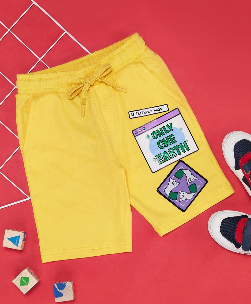 Pantaloons Junior Placement Only One Earth Text Patch Detailed Shorts - Banana Cream-picture-12